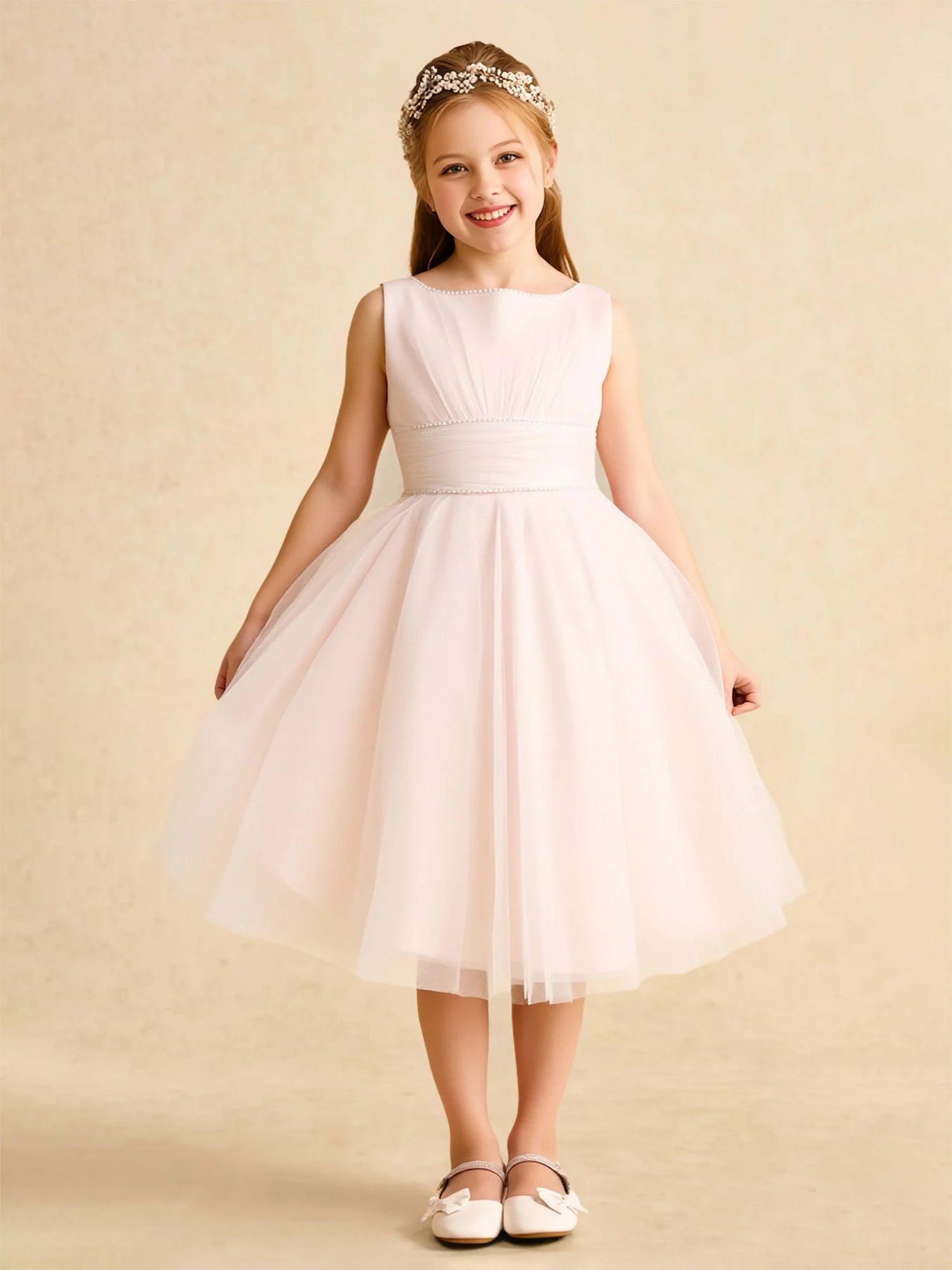 Sleeveless Round Neck Pearl Trim Waist Gathered Big Back Bow Blush Tulle Knee Length Flower Girl Dresses