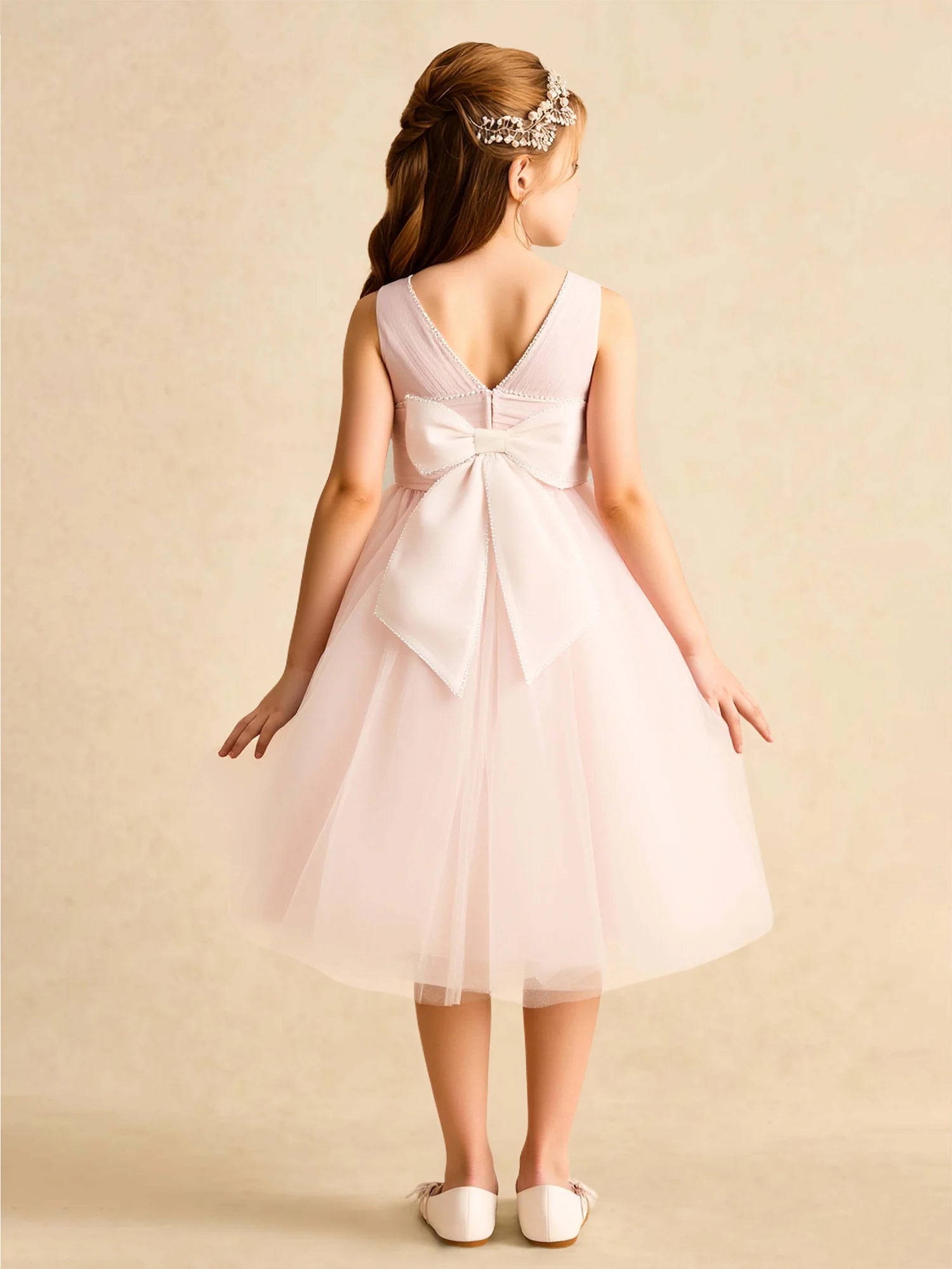 Sleeveless Round Neck Pearl Trim Waist Gathered Big Back Bow Blush Tulle Knee Length Flower Girl Dresses
