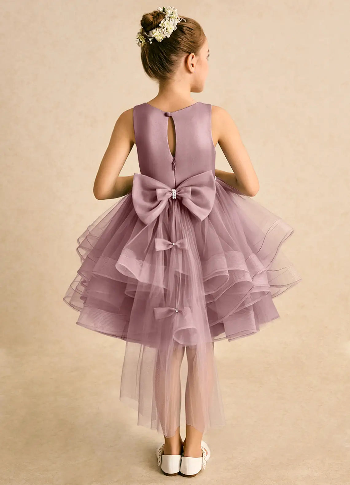 Sleeveless Round Neck Pearl Waist Hi-Lo Tulle Dusty Purple Flower Girl Dresses with Back Bows
