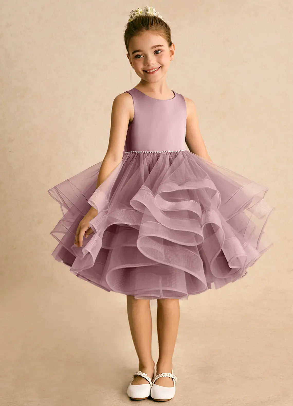 Sleeveless Round Neck Pearl Waist Hi-Lo Tulle Dusty Purple Flower Girl Dresses with Back Bows