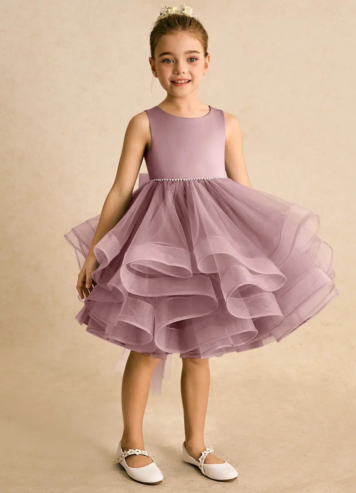 Sleeveless Round Neck Pearl Waist Hi-Lo Tulle Dusty Purple Flower Girl Dresses with Back Bows