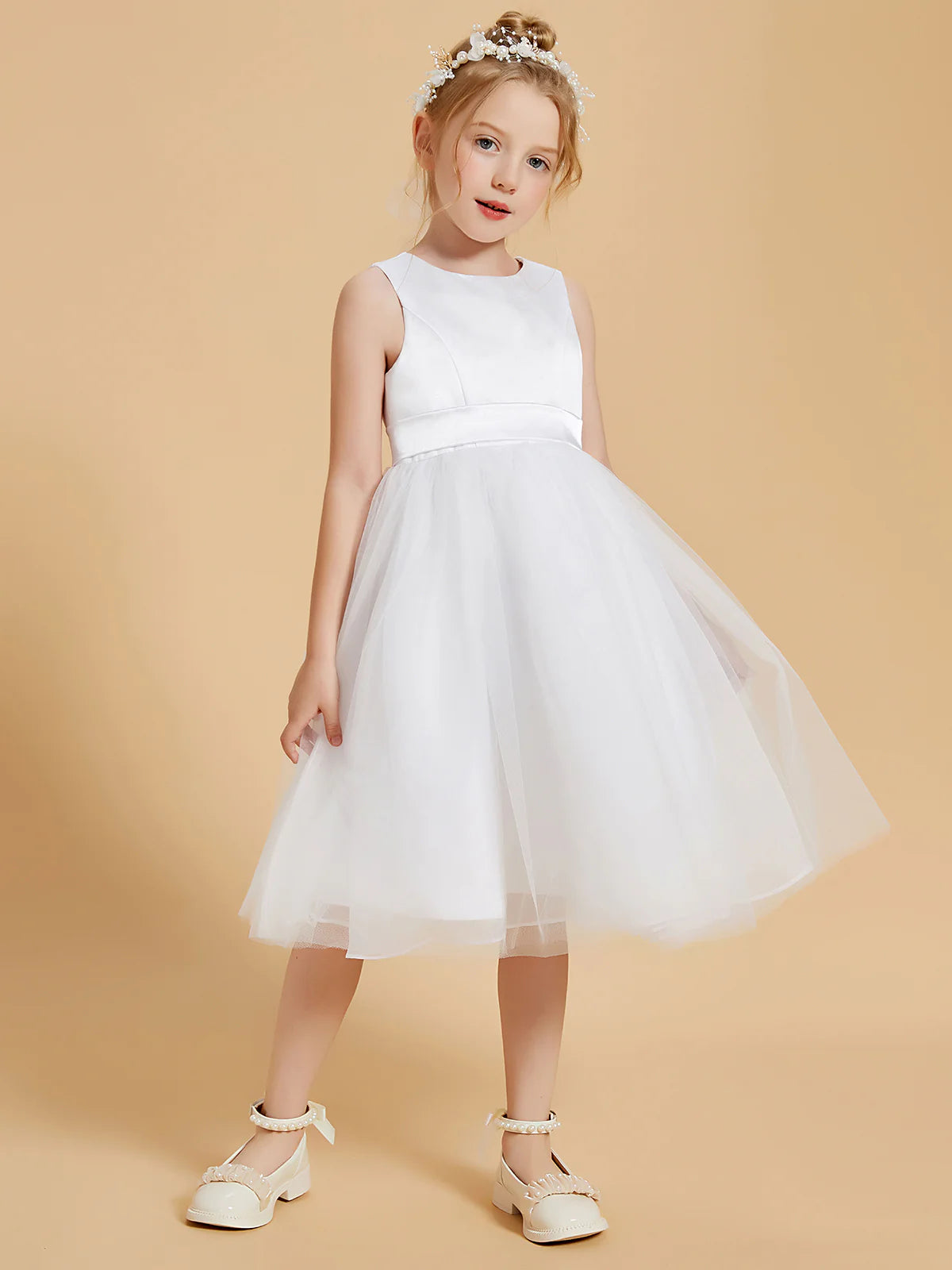Sleeveless Round Neck Plain White Satin Tulle Knee Length Flower Girl Dresses