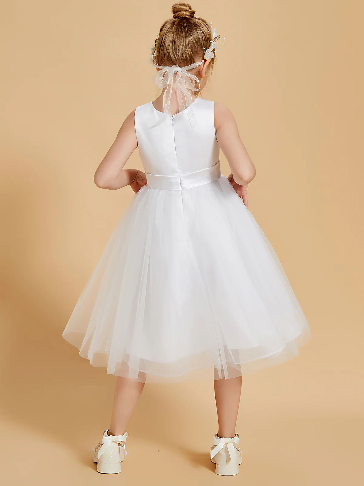 Sleeveless Round Neck Plain White Satin Tulle Knee Length Flower Girl Dresses