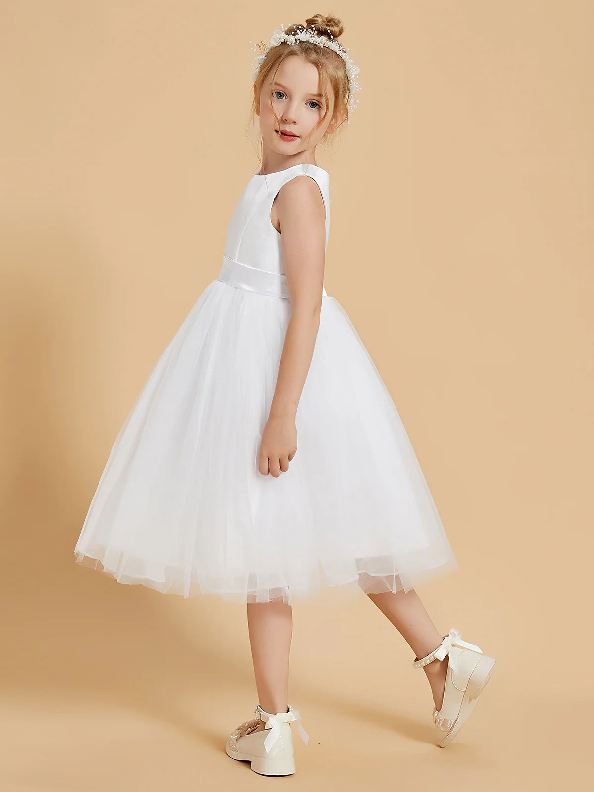 Sleeveless Round Neck Plain White Satin Tulle Knee Length Flower Girl Dresses