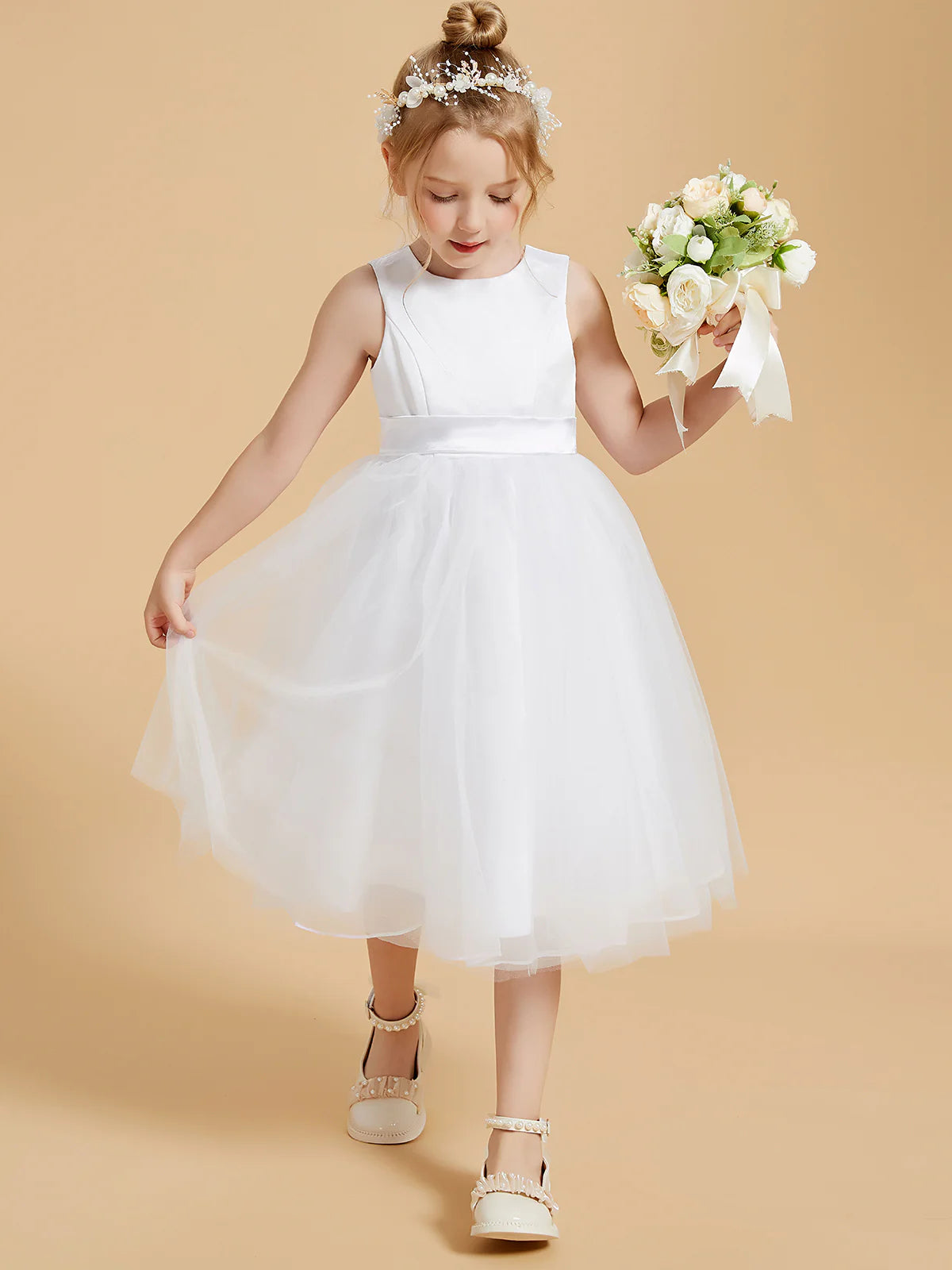 Sleeveless Round Neck Plain White Satin Tulle Knee Length Flower Girl Dresses