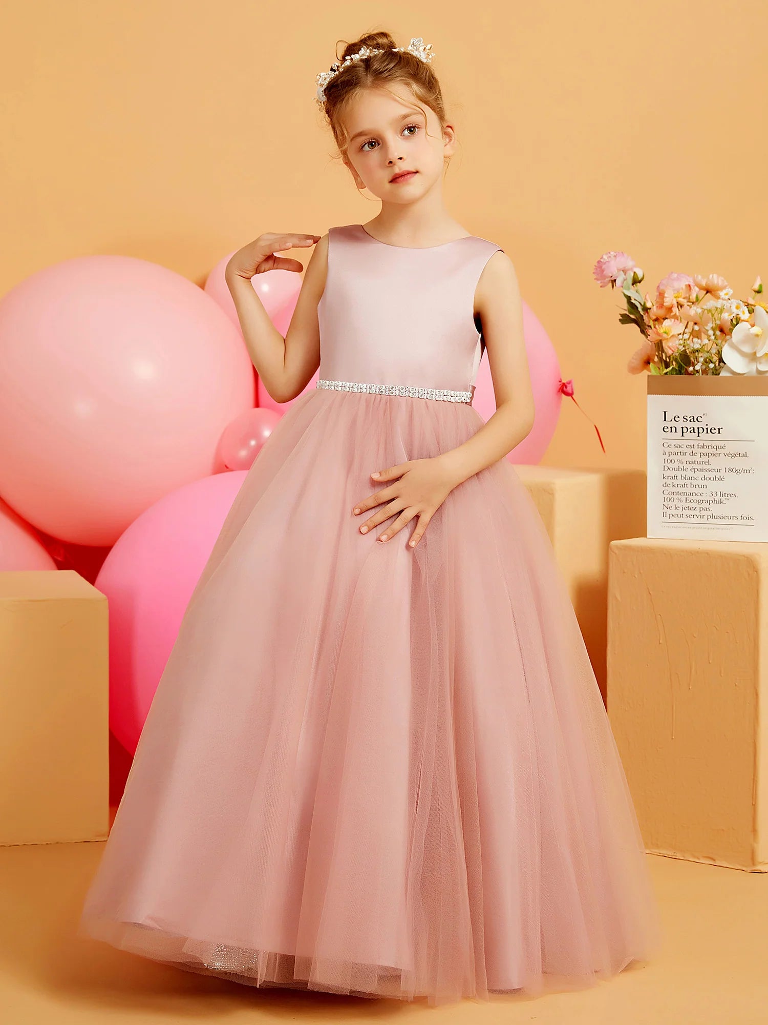 Sleeveless Round Neck Rhinestone Waist V Back Ruffle Train Dusty Pink Tulle Flower Girl Dresses