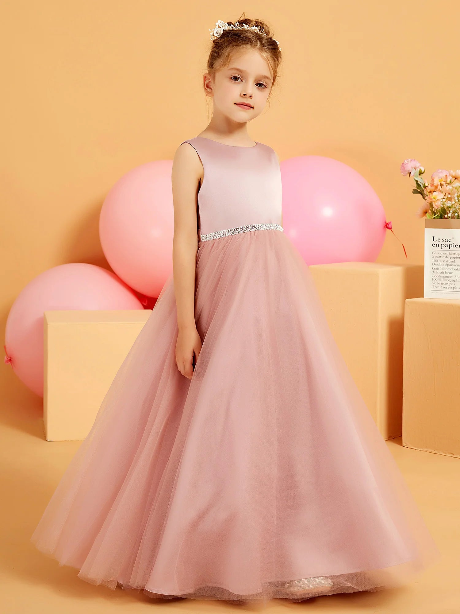 Sleeveless Round Neck Rhinestone Waist V Back Ruffle Train Dusty Pink Tulle Flower Girl Dresses