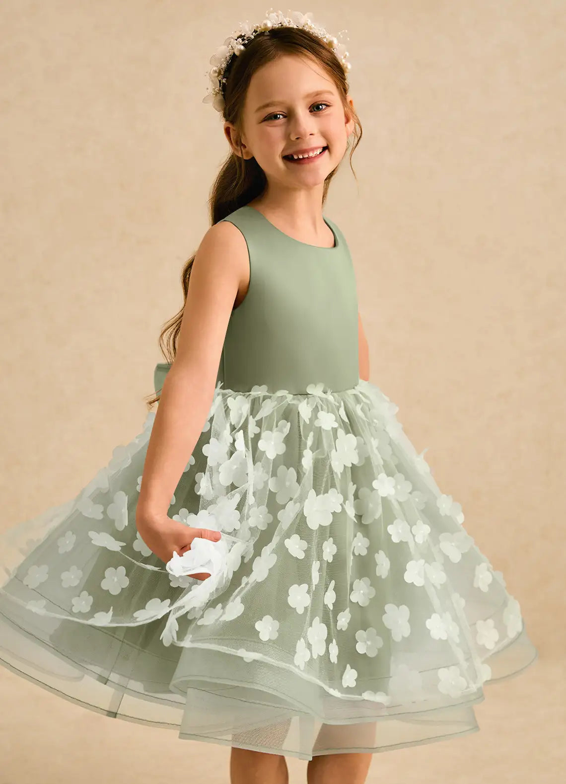 Sleeveless Round Neck Sage Green Tulle Knee-Length Flower Girl Dresses with 3D Floral Skirt and Back Bow