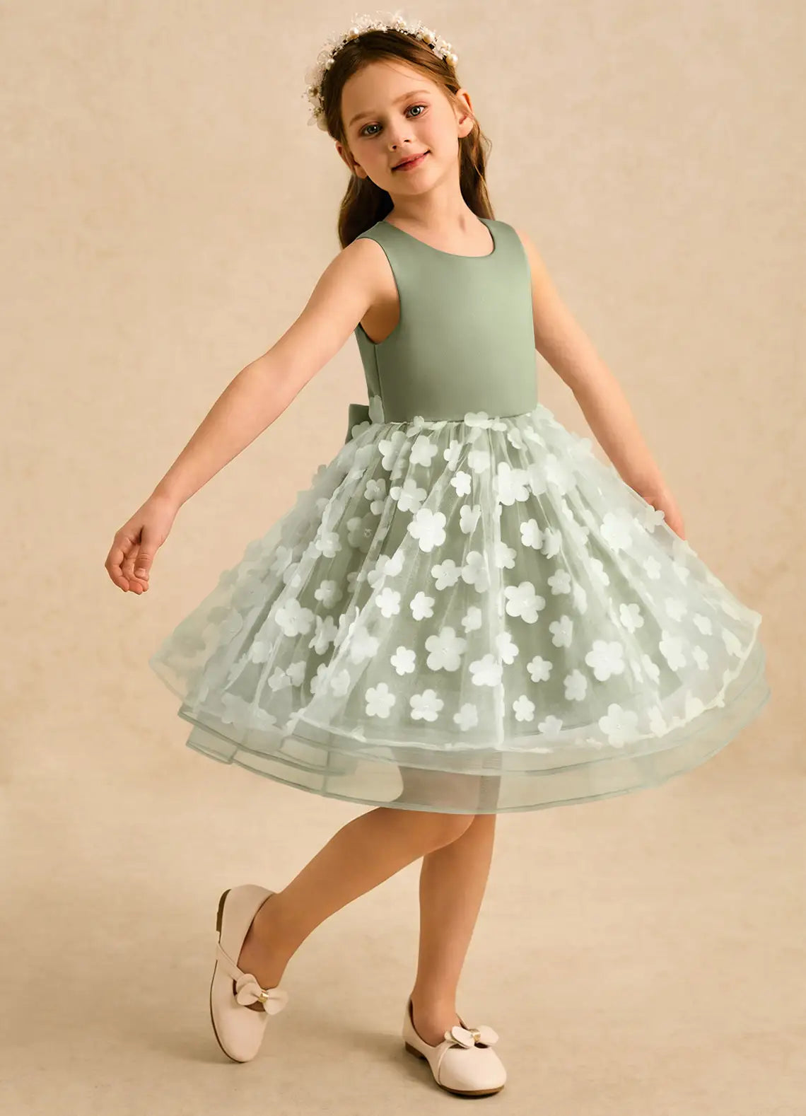 Sleeveless Round Neck Sage Green Tulle Knee-Length Flower Girl Dresses with 3D Floral Skirt and Back Bow