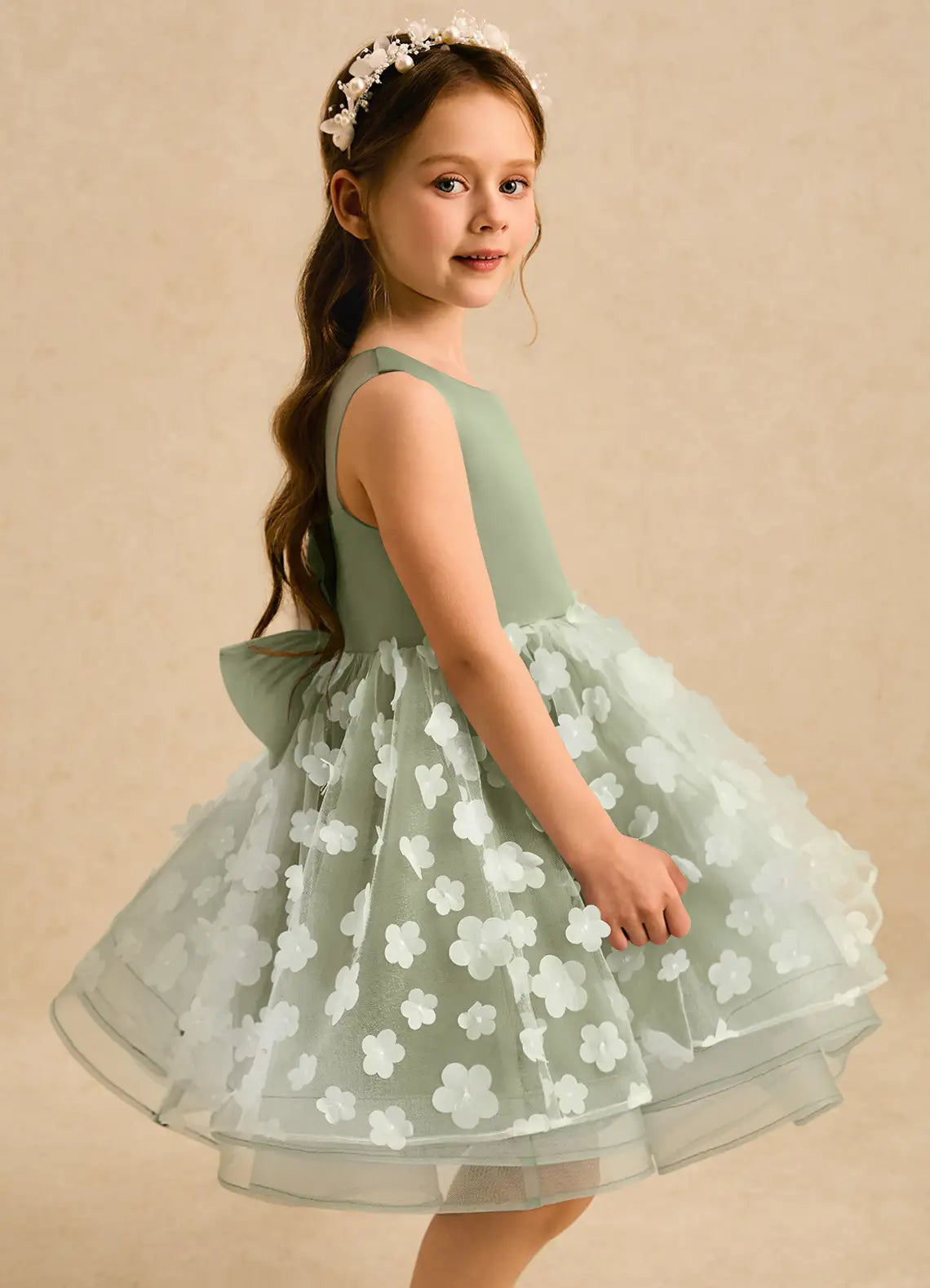 Sleeveless Round Neck Sage Green Tulle Knee-Length Flower Girl Dresses with 3D Floral Skirt and Back Bow