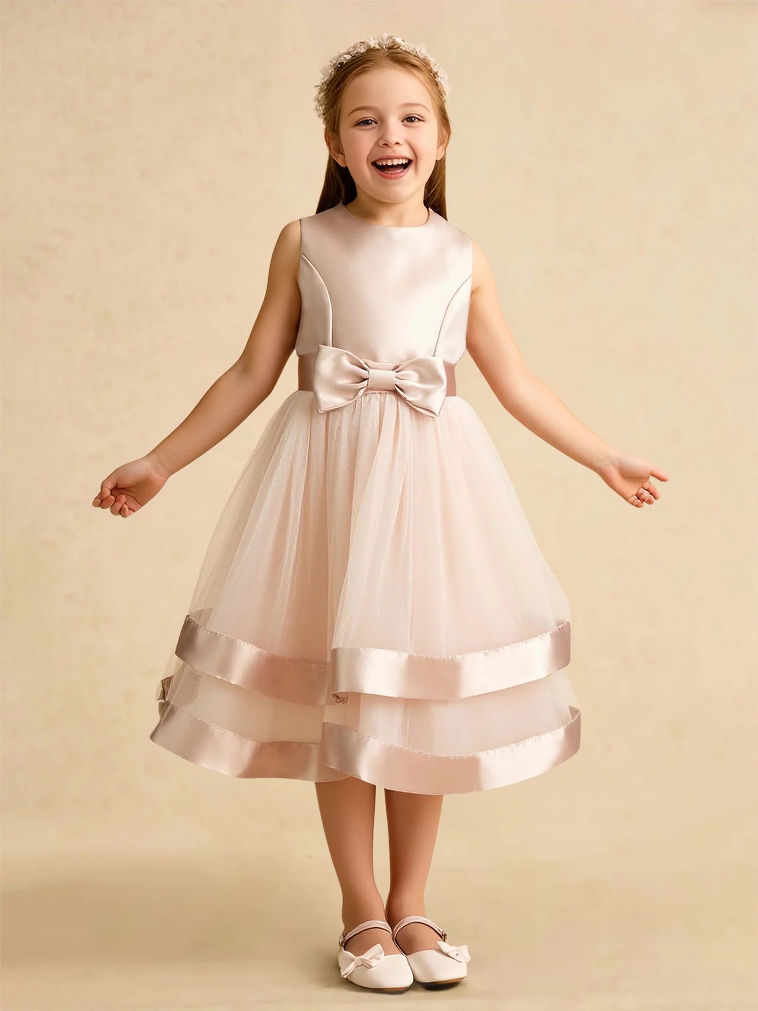 Sleeveless Round Neck Satin Waist Bow Double Satin Trim Tulle Knee Length Flower Girl Dresses
