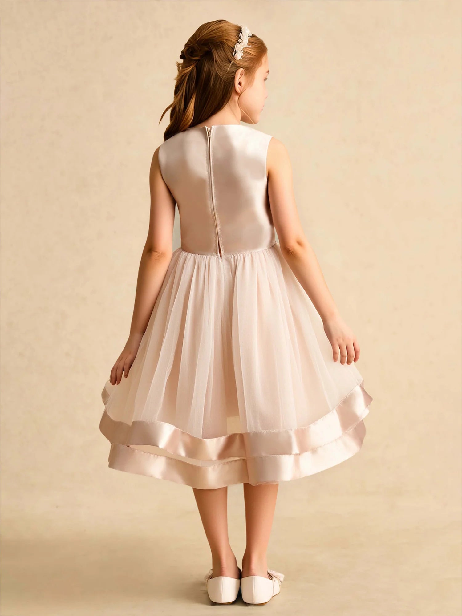 Sleeveless Round Neck Satin Waist Bow Double Satin Trim Tulle Knee Length Flower Girl Dresses