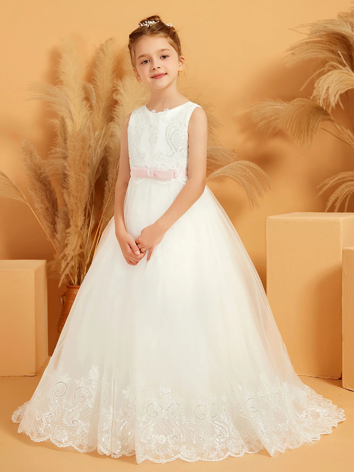 Sleeveless Round Neck Sequin Lace Pink Bow White Tulle Floor Length Flower Girl Dresses
