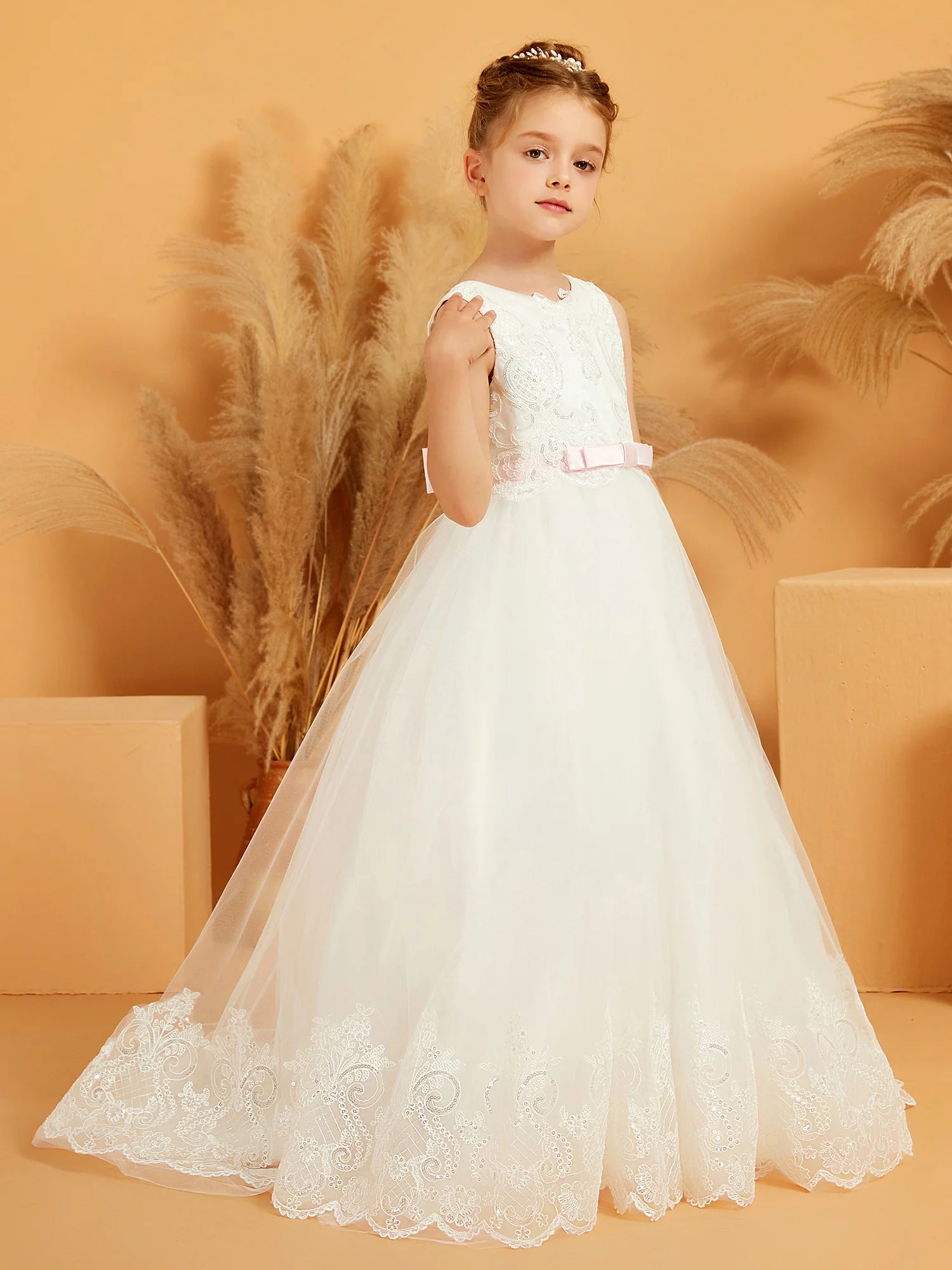 Sleeveless Round Neck Sequin Lace Pink Bow White Tulle Floor Length Flower Girl Dresses
