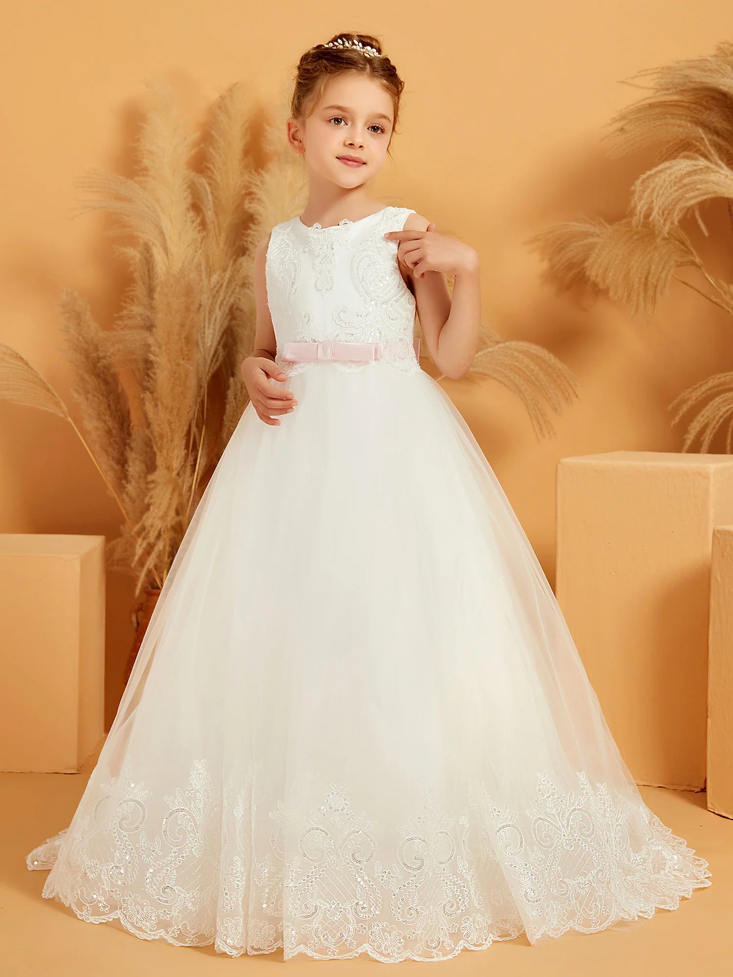 Sleeveless Round Neck Sequin Lace Pink Bow White Tulle Floor Length Flower Girl Dresses