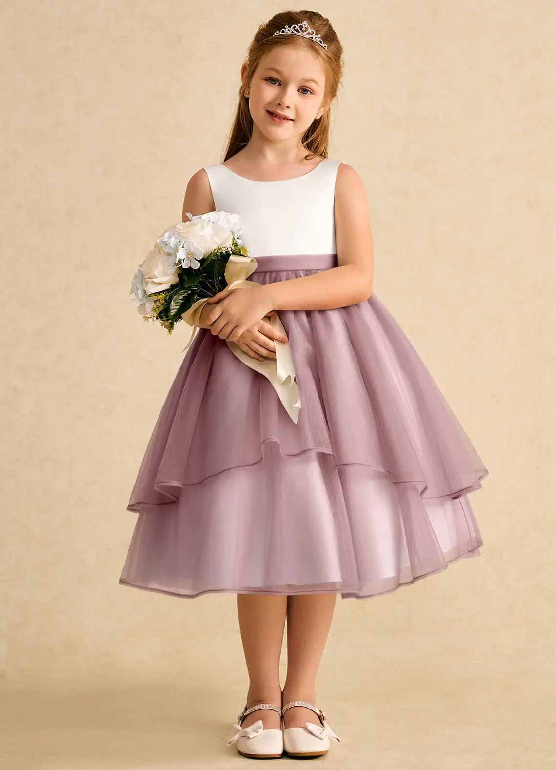 Sleeveless Round Neck Two-Tone White & Dusty Lavender Knee-Length Tulle Flower Girl Dresses with Back Big Bow