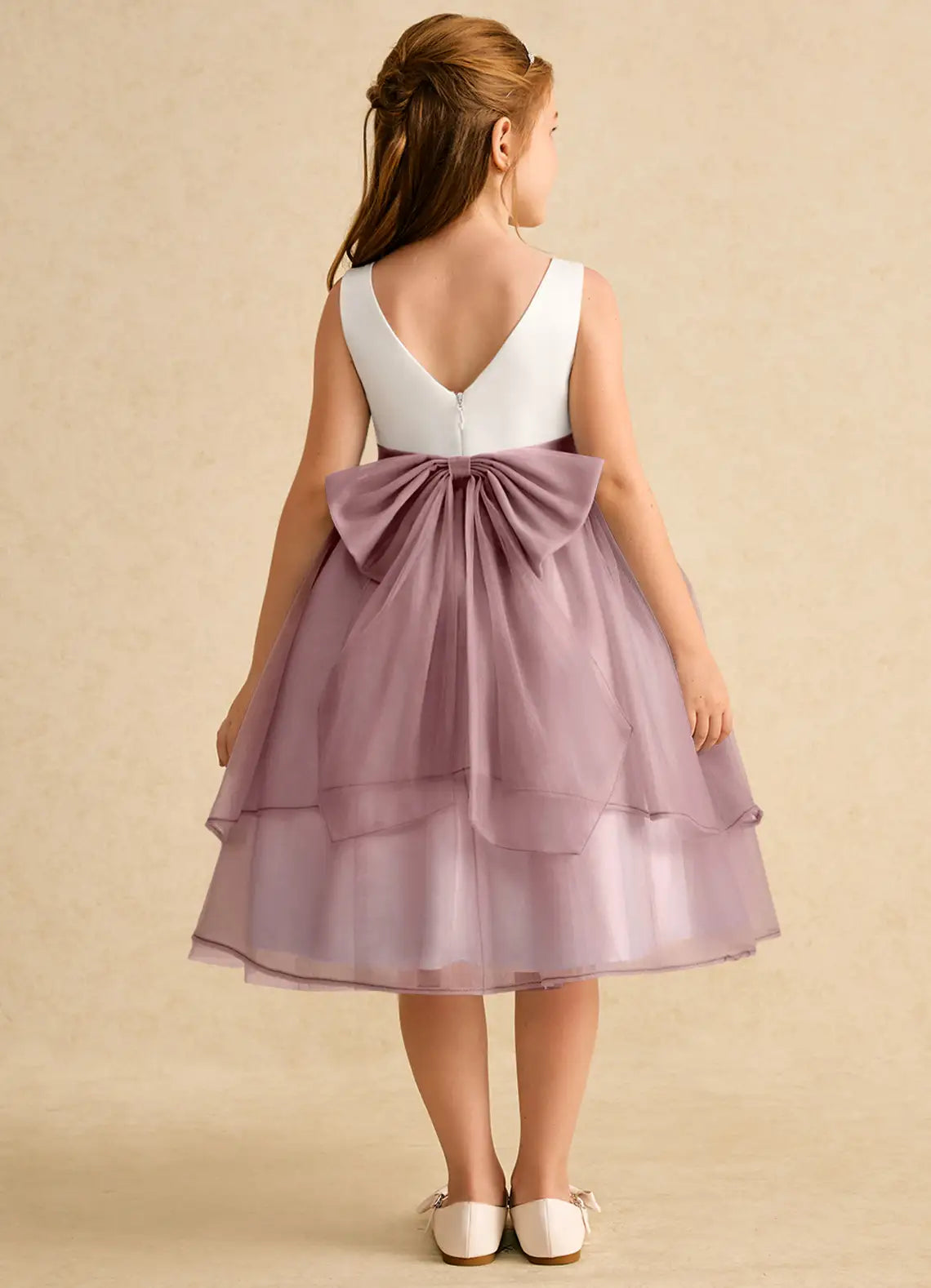 Sleeveless Round Neck Two-Tone White & Dusty Lavender Knee-Length Tulle Flower Girl Dresses with Back Big Bow