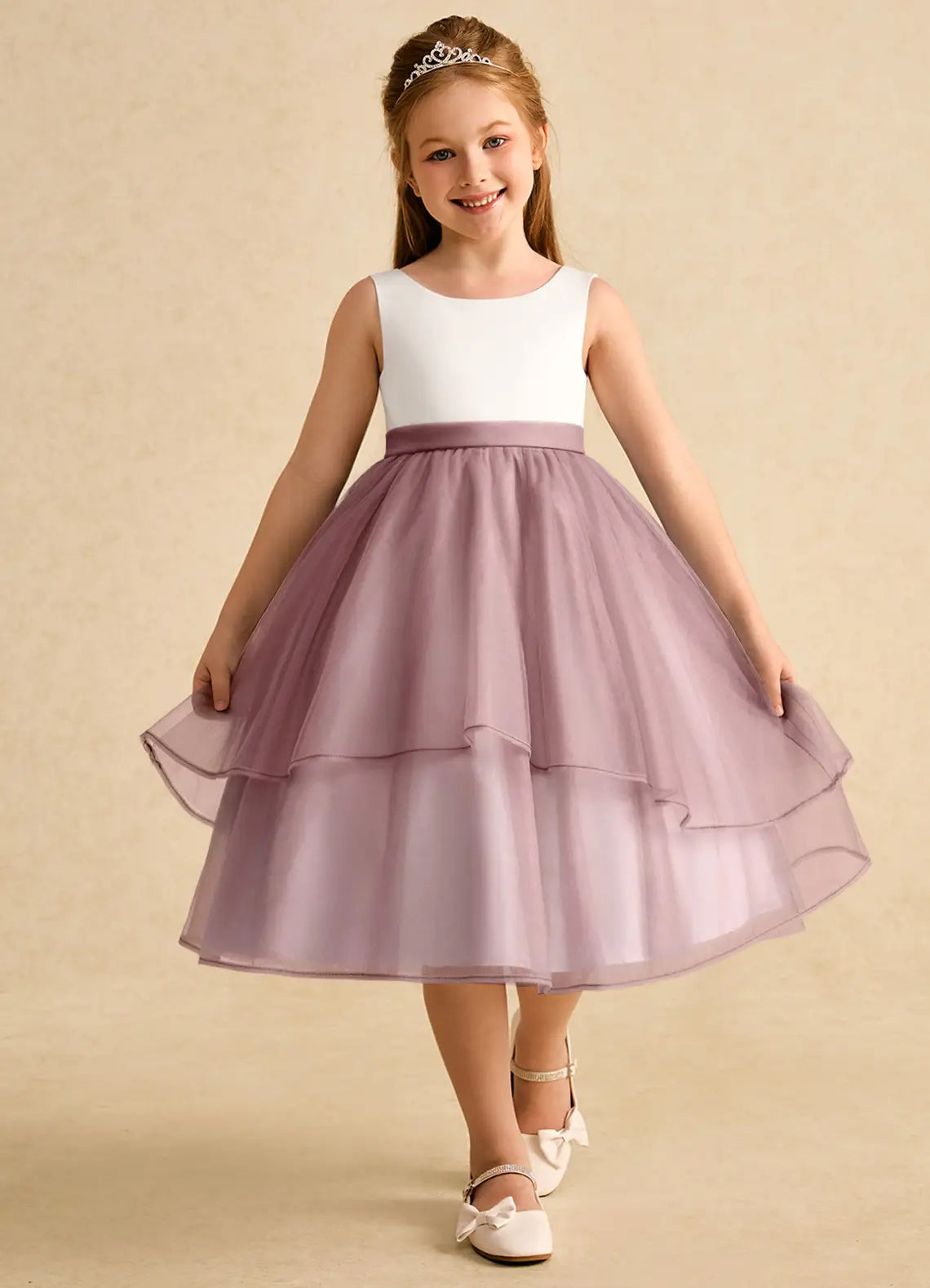 Sleeveless Round Neck Two-Tone White & Dusty Lavender Knee-Length Tulle Flower Girl Dresses with Back Big Bow