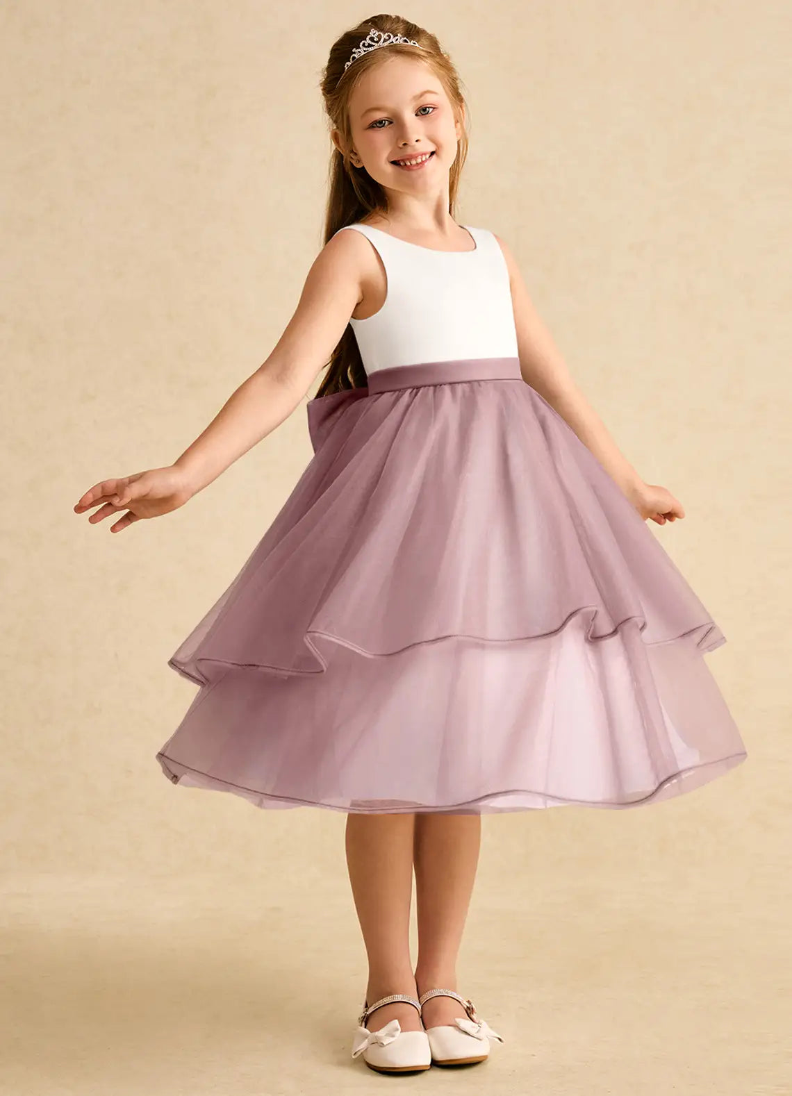 Sleeveless Round Neck Two-Tone White & Dusty Lavender Knee-Length Tulle Flower Girl Dresses with Back Big Bow