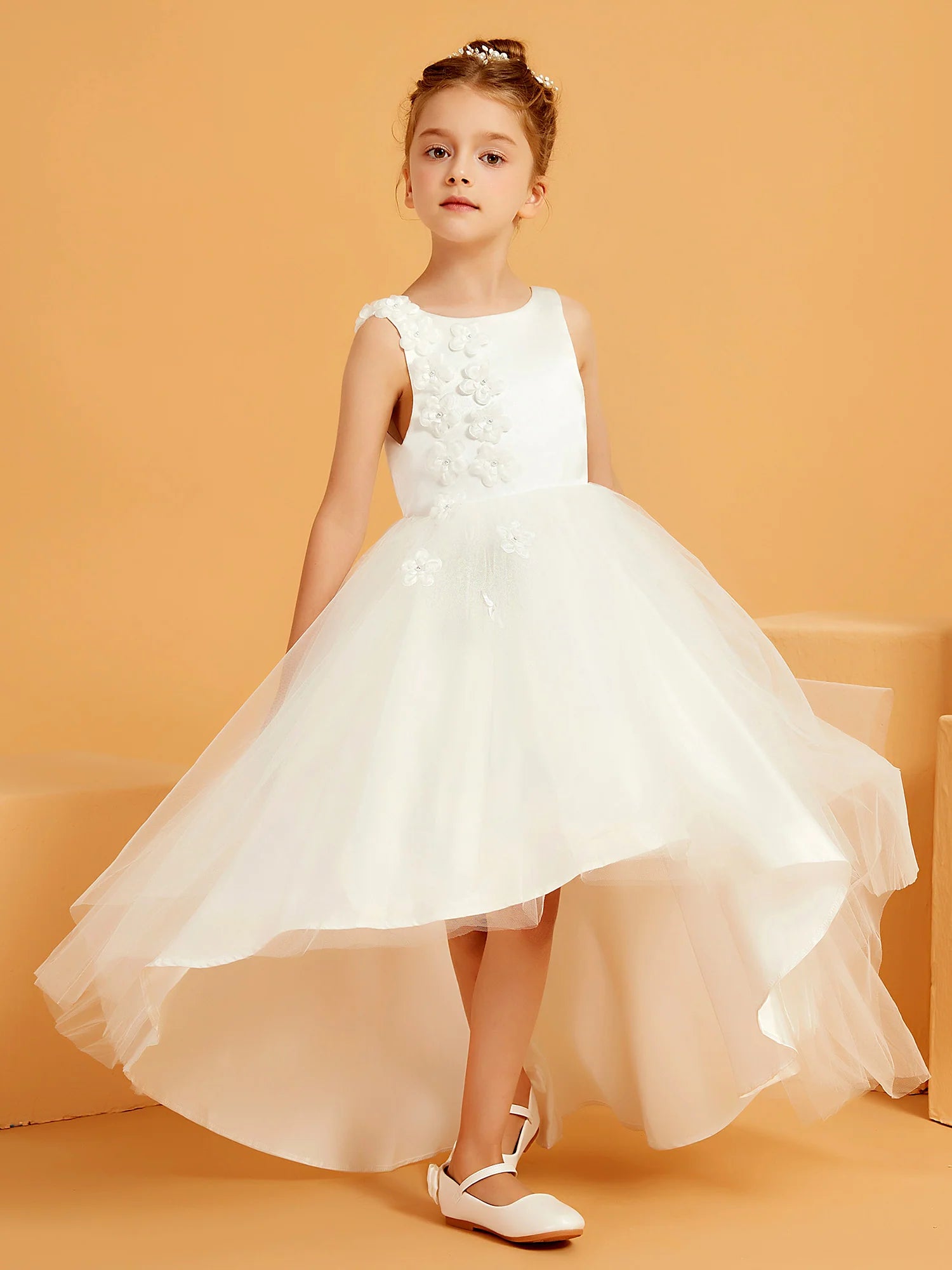 Sleeveless Round Neck V Back 3D Floral Applique White Tulle High Low Train Flower Girl Dresses