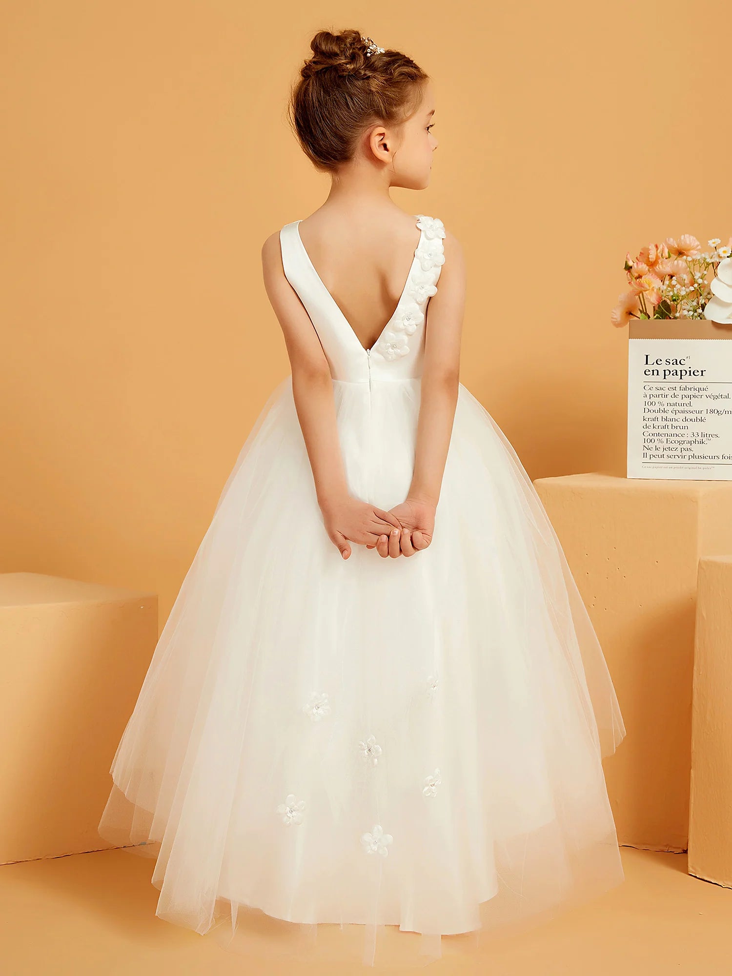 Sleeveless Round Neck V Back 3D Floral Applique White Tulle High Low Train Flower Girl Dresses