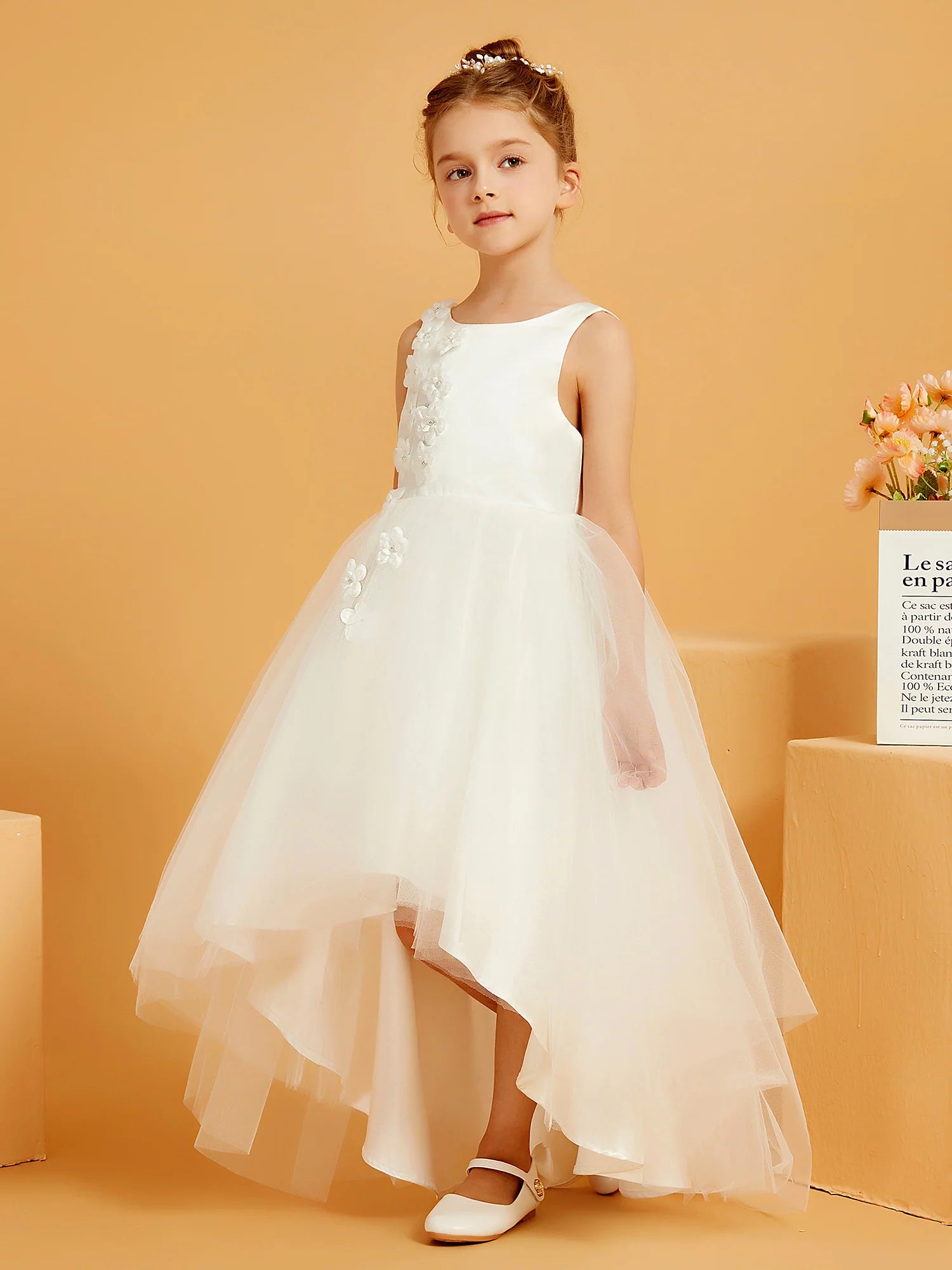 Sleeveless Round Neck V Back 3D Floral Applique White Tulle High Low Train Flower Girl Dresses