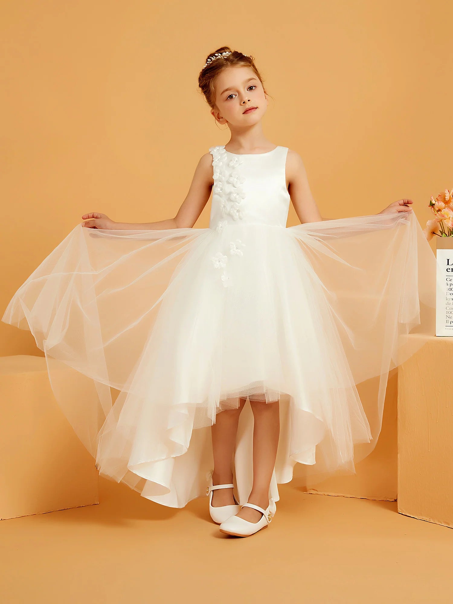 Sleeveless Round Neck V Back 3D Floral Applique White Tulle High Low Train Flower Girl Dresses