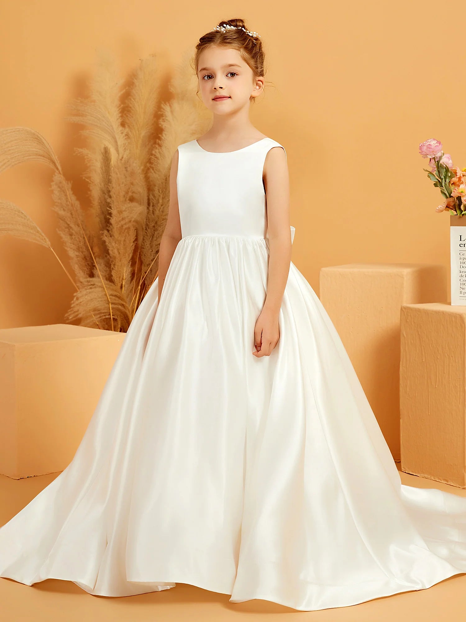 Sleeveless Round Neck V Back Big Bow White Satin Train Floor Length Flower Girl Dresses