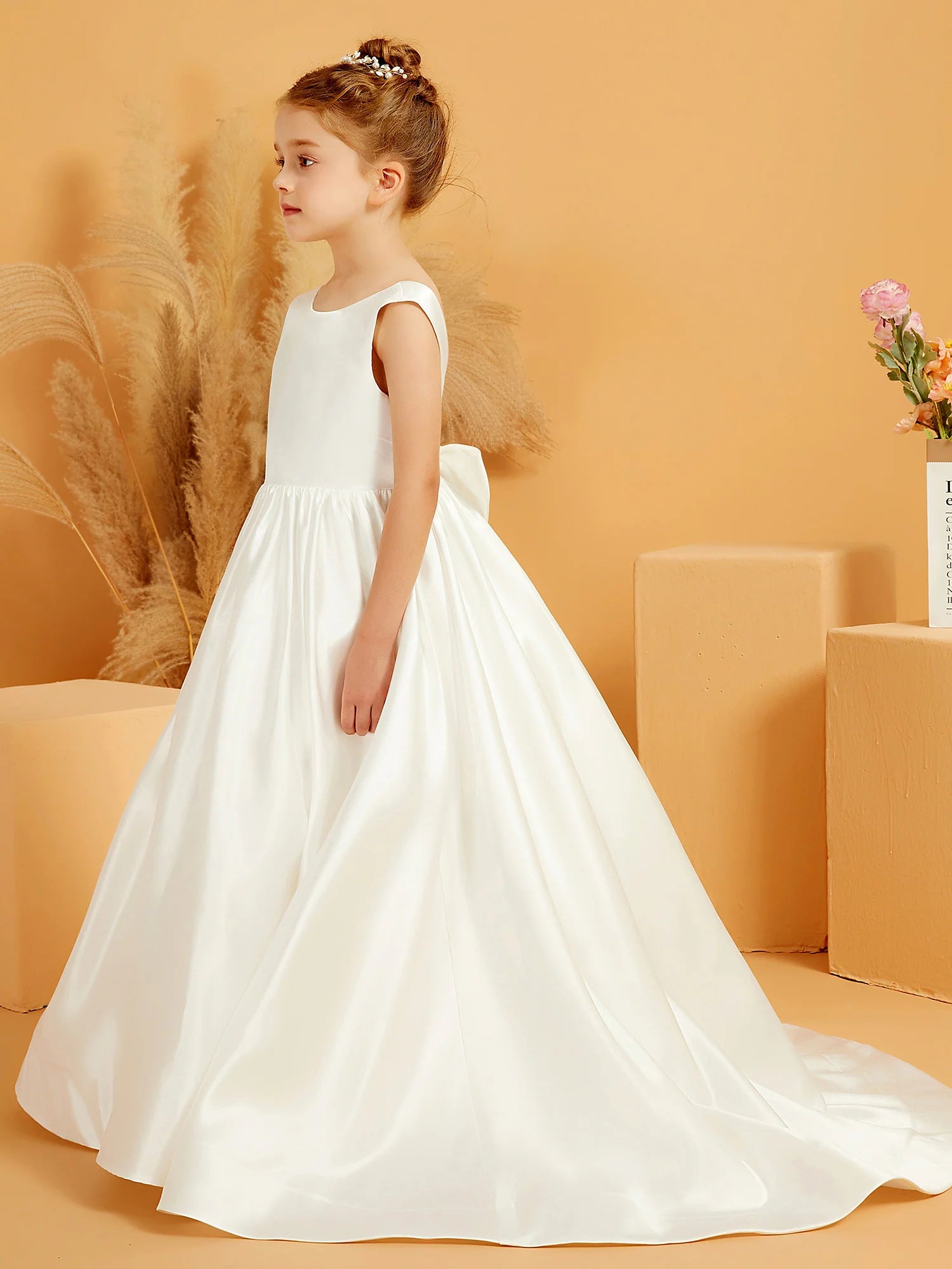 Sleeveless Round Neck V Back Big Bow White Satin Train Floor Length Flower Girl Dresses