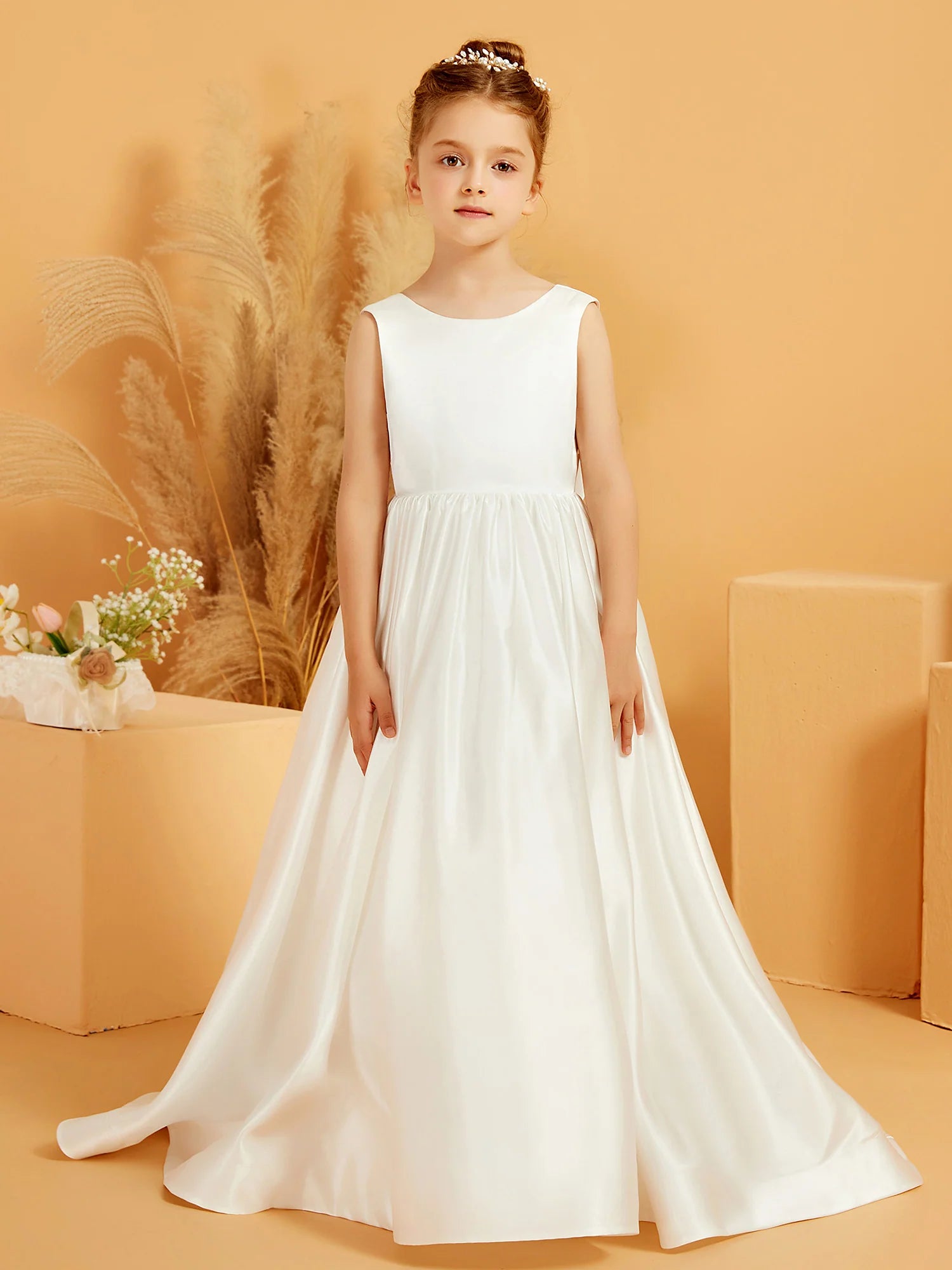 Sleeveless Round Neck V Back Big Bow White Satin Train Floor Length Flower Girl Dresses