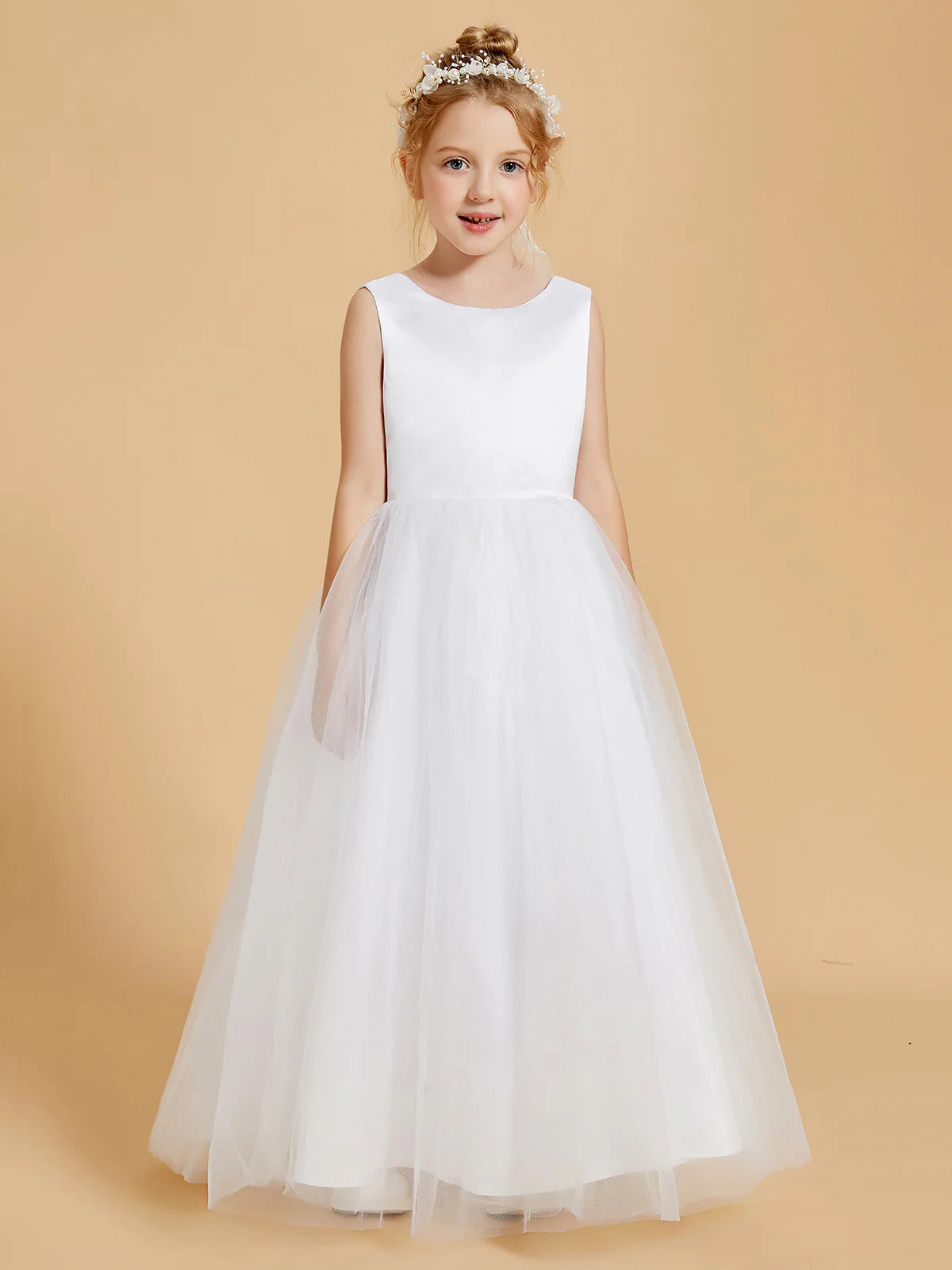Sleeveless Round Neck V Back Big Satin Bow White Tulle Floor Length Flower Girl Dresses