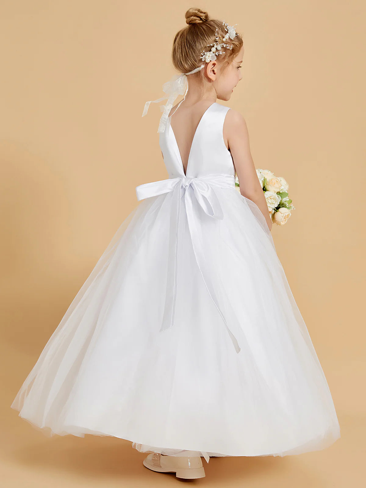 Sleeveless Round Neck V Back Big Satin Bow White Tulle Floor Length Flower Girl Dresses