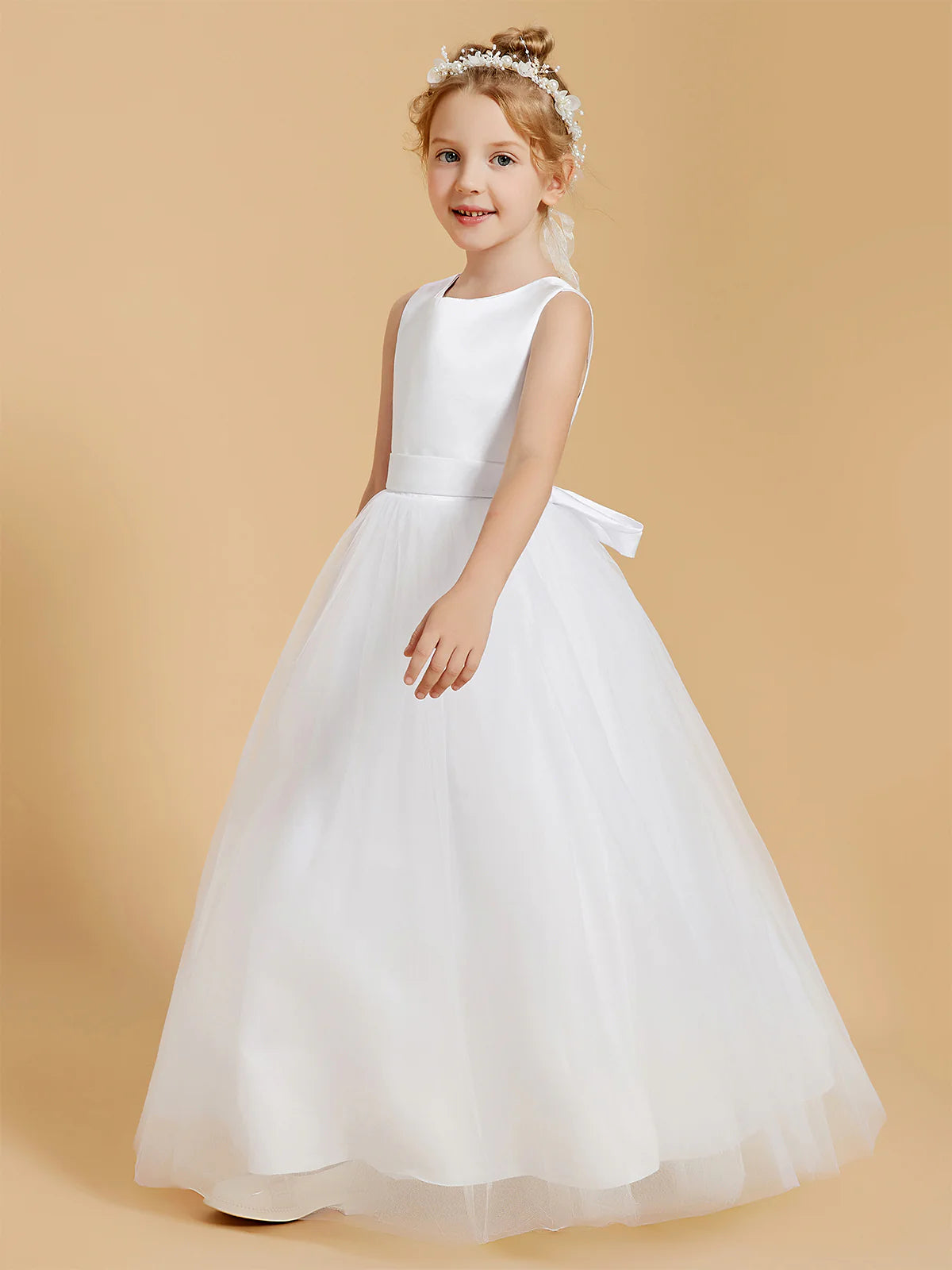 Sleeveless Round Neck V Back Big Satin Bow White Tulle Floor Length Flower Girl Dresses