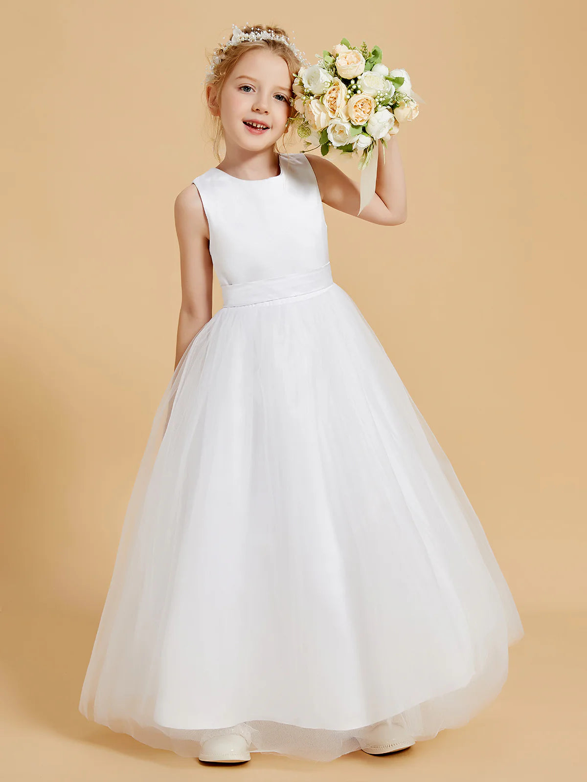 Sleeveless Round Neck V Back Big Satin Bow White Tulle Floor Length Flower Girl Dresses