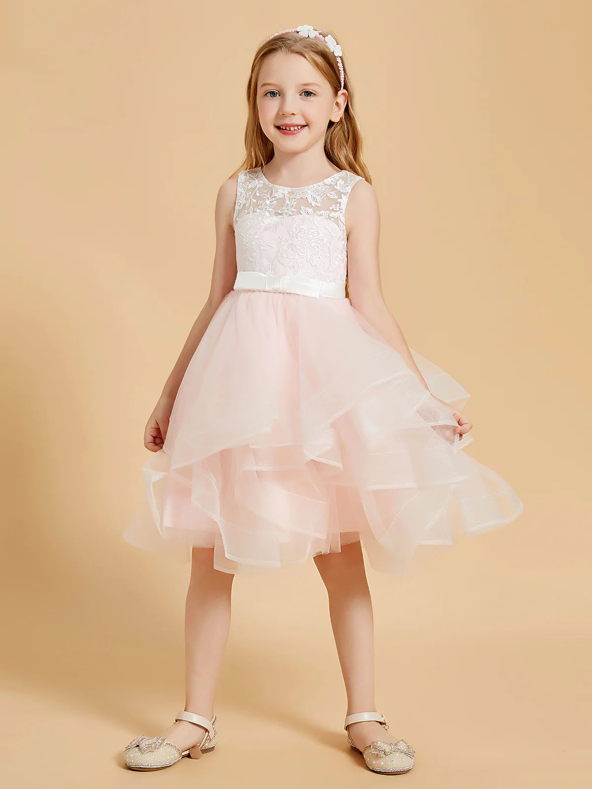 Sleeveless Round Neck V Back Floral Lace Pink Ruffle Tulle Knee Length Flower Girl Dresses