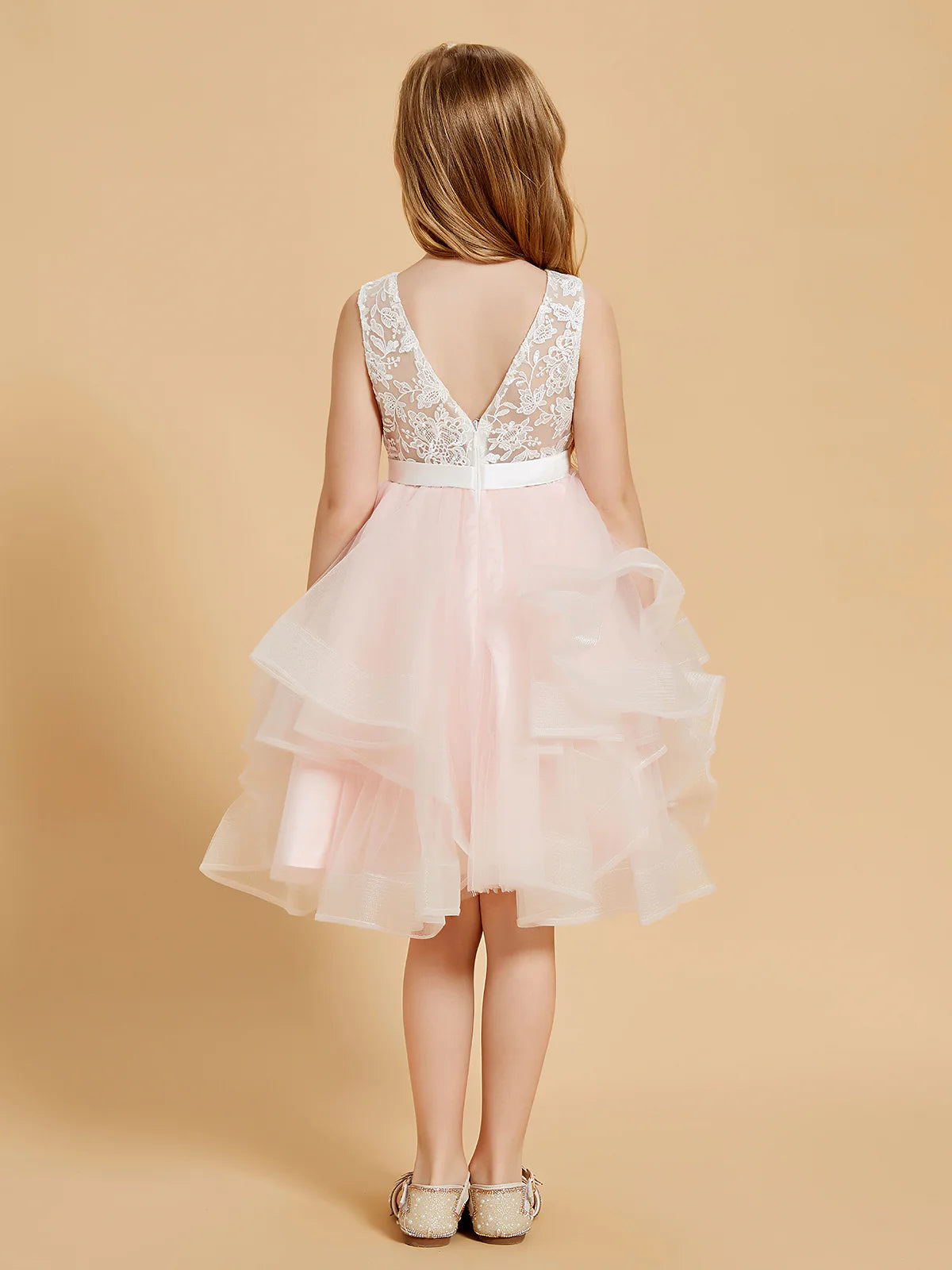 Sleeveless Round Neck V Back Floral Lace Pink Ruffle Tulle Knee Length Flower Girl Dresses