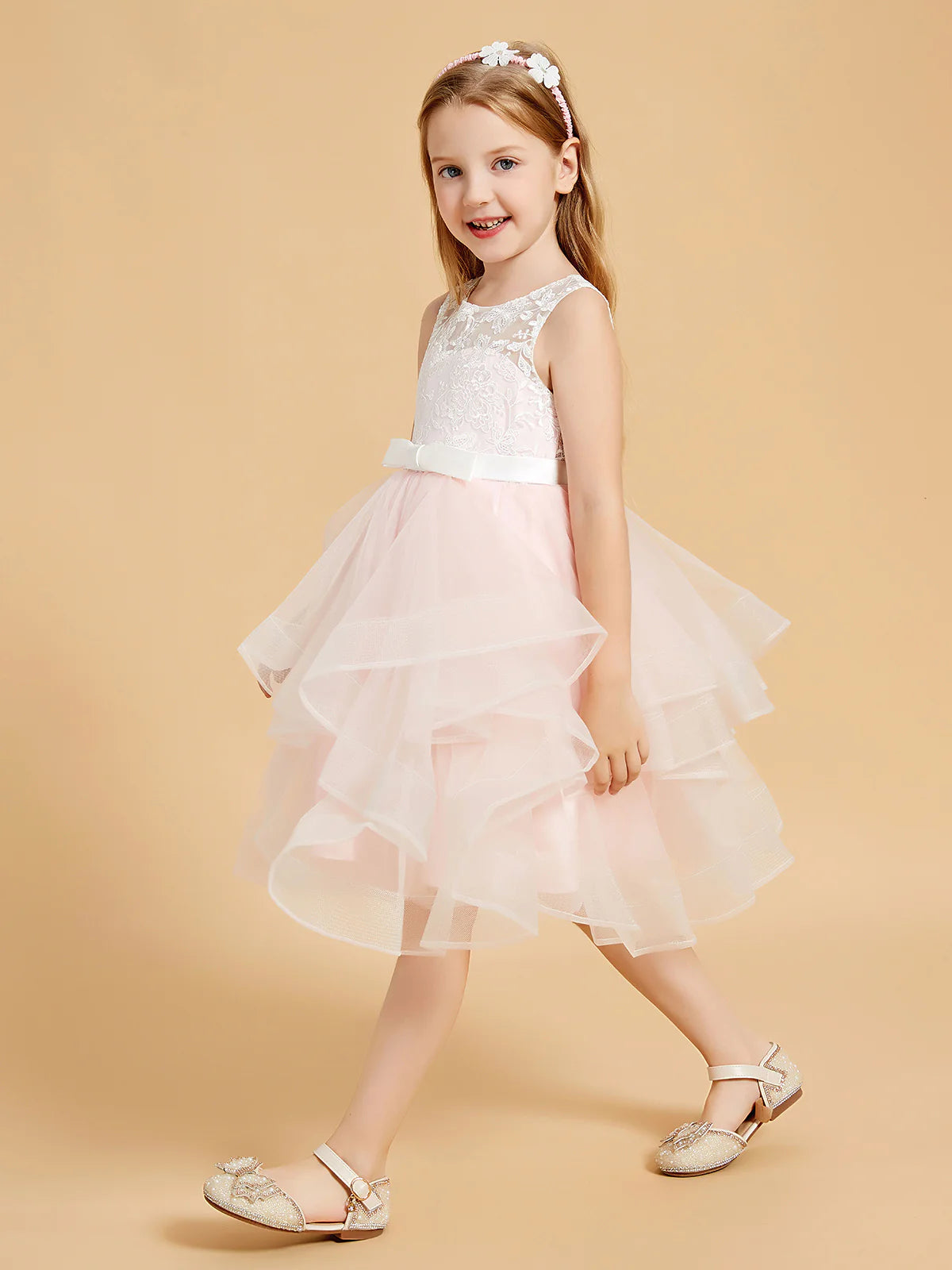 Sleeveless Round Neck V Back Floral Lace Pink Ruffle Tulle Knee Length Flower Girl Dresses
