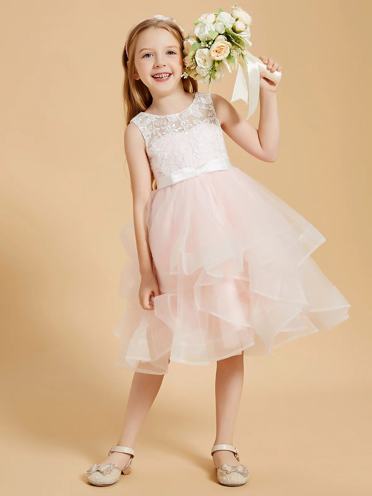 Sleeveless Round Neck V Back Floral Lace Pink Ruffle Tulle Knee Length Flower Girl Dresses