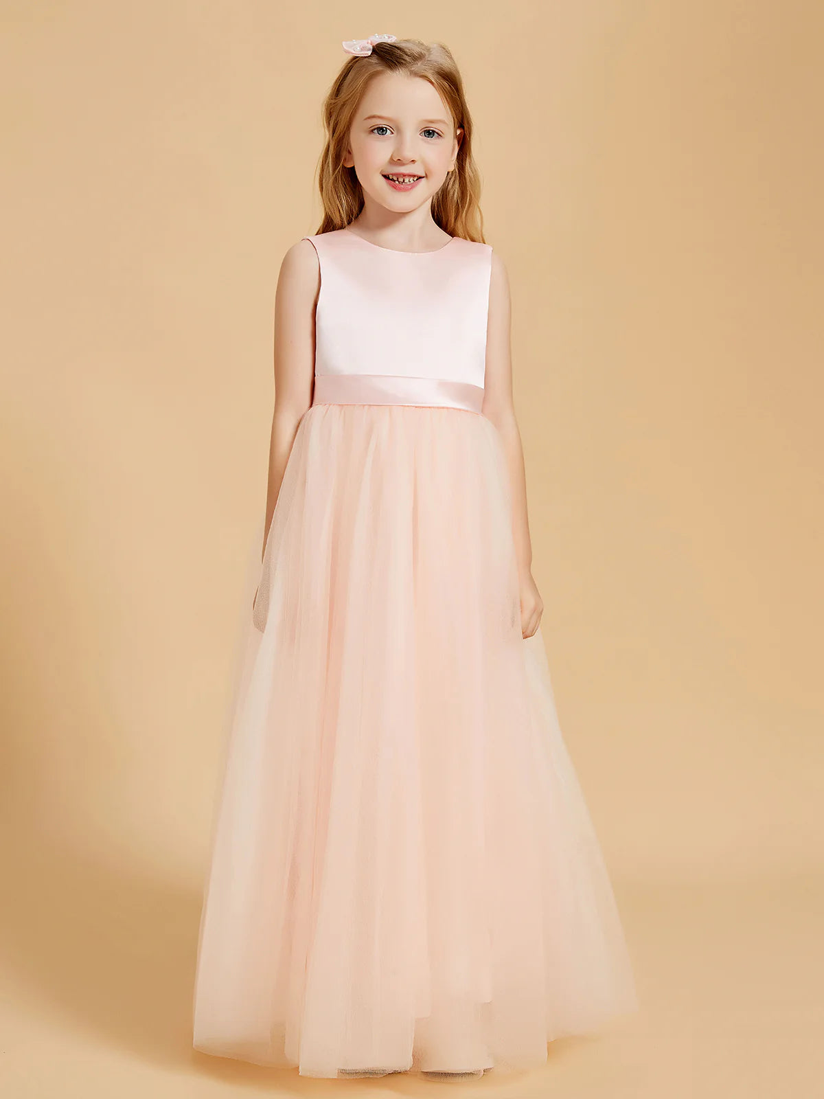 Sleeveless Round Neck V Back Large Satin Bow Blush Tulle Floor Length Flower Girl Dresses
