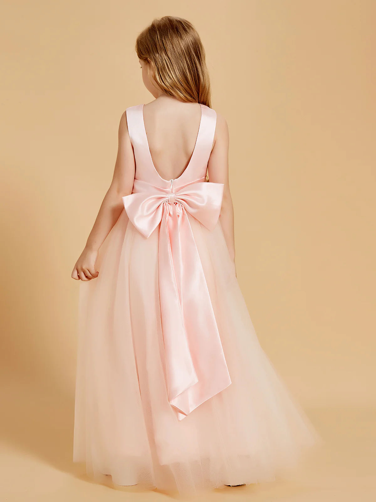 Sleeveless Round Neck V Back Large Satin Bow Blush Tulle Floor Length Flower Girl Dresses