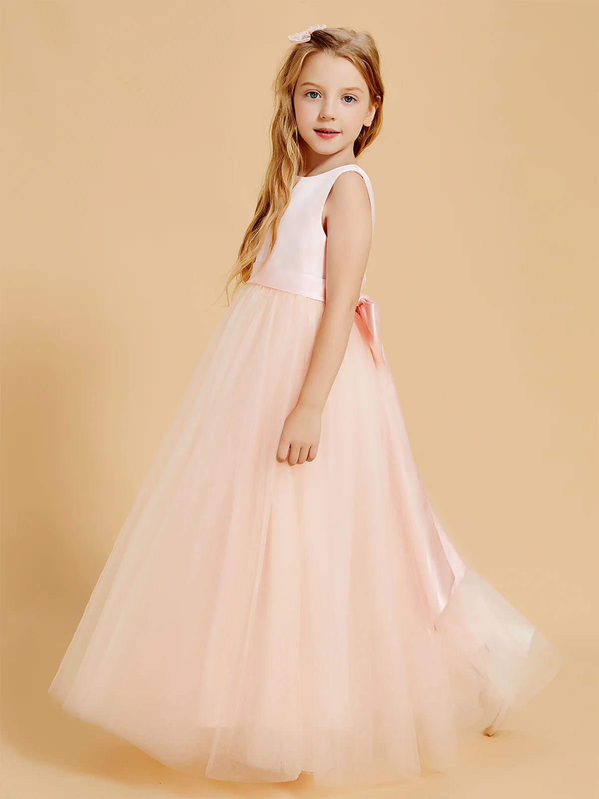 Sleeveless Round Neck V Back Large Satin Bow Blush Tulle Floor Length Flower Girl Dresses