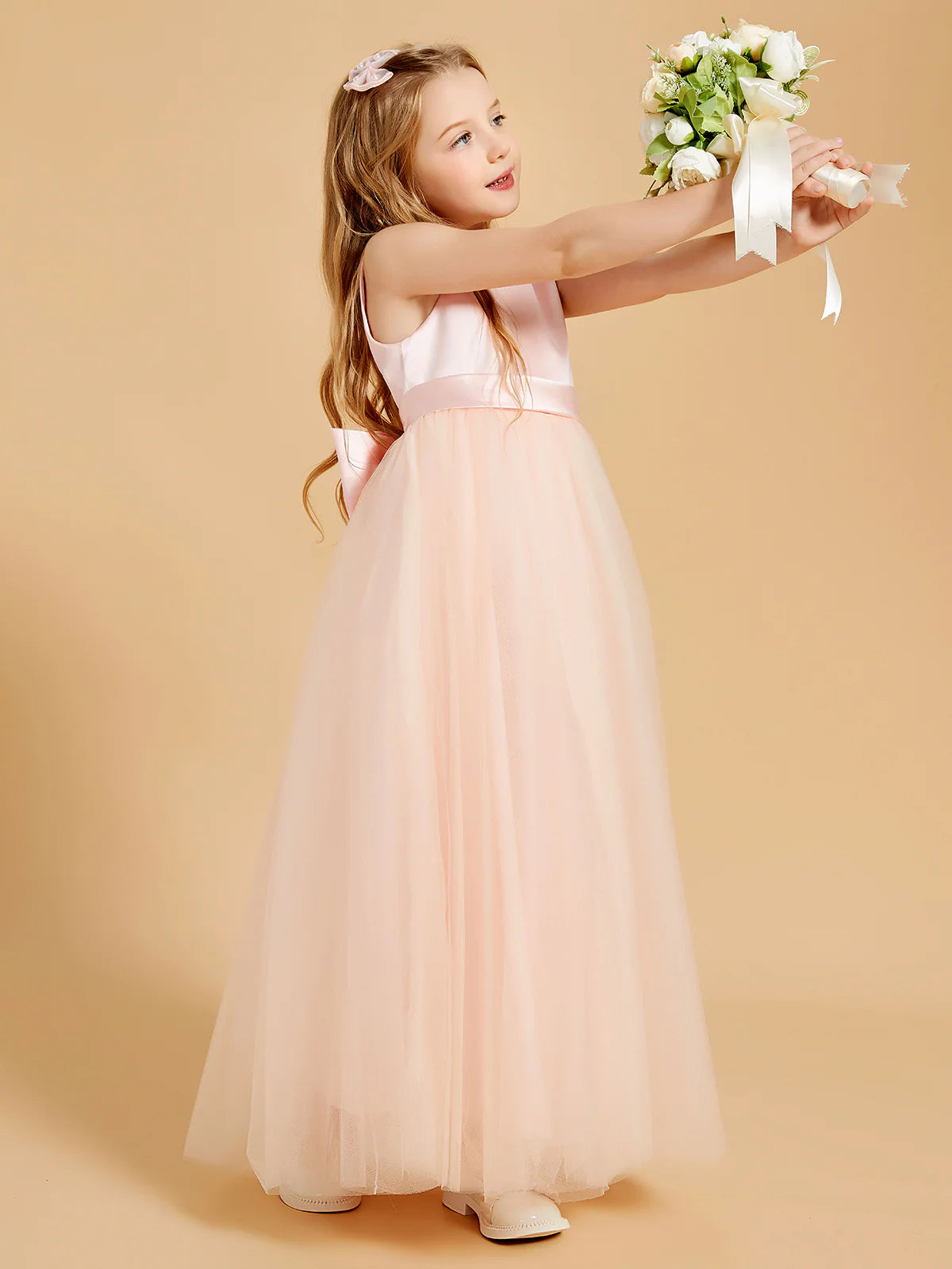 Sleeveless Round Neck V Back Large Satin Bow Blush Tulle Floor Length Flower Girl Dresses
