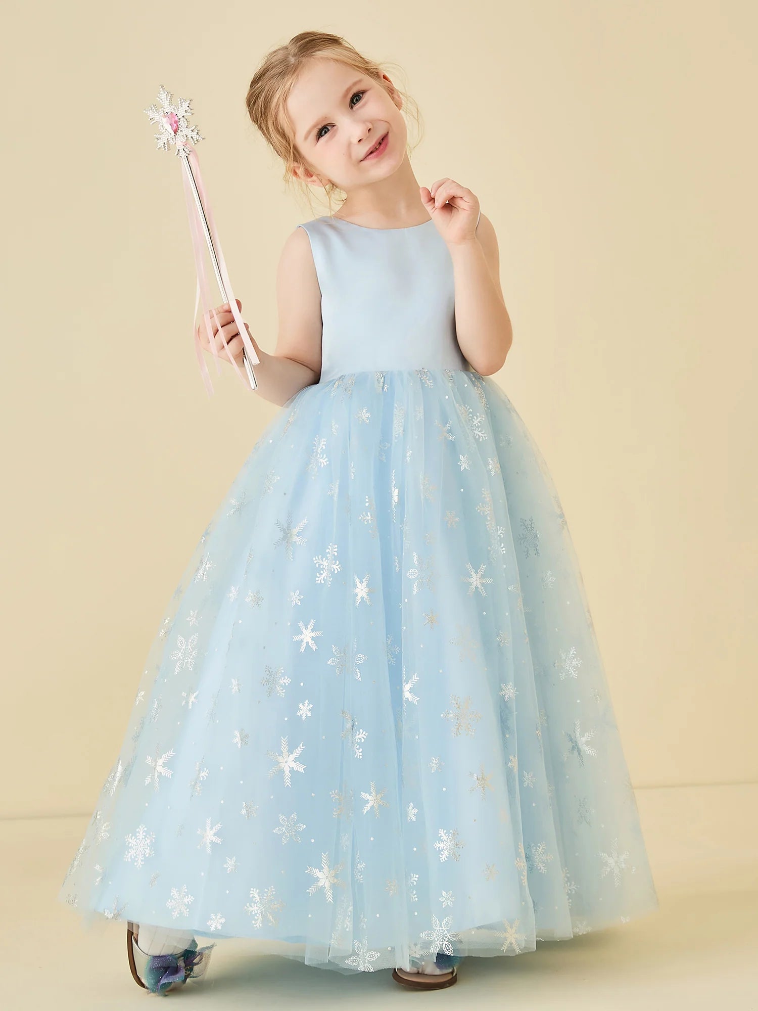 Sleeveless Round Neck V Back Large Satin Bow Silver Snowflake Print Light Blue Tulle Floor Length Flower Girl Dresses