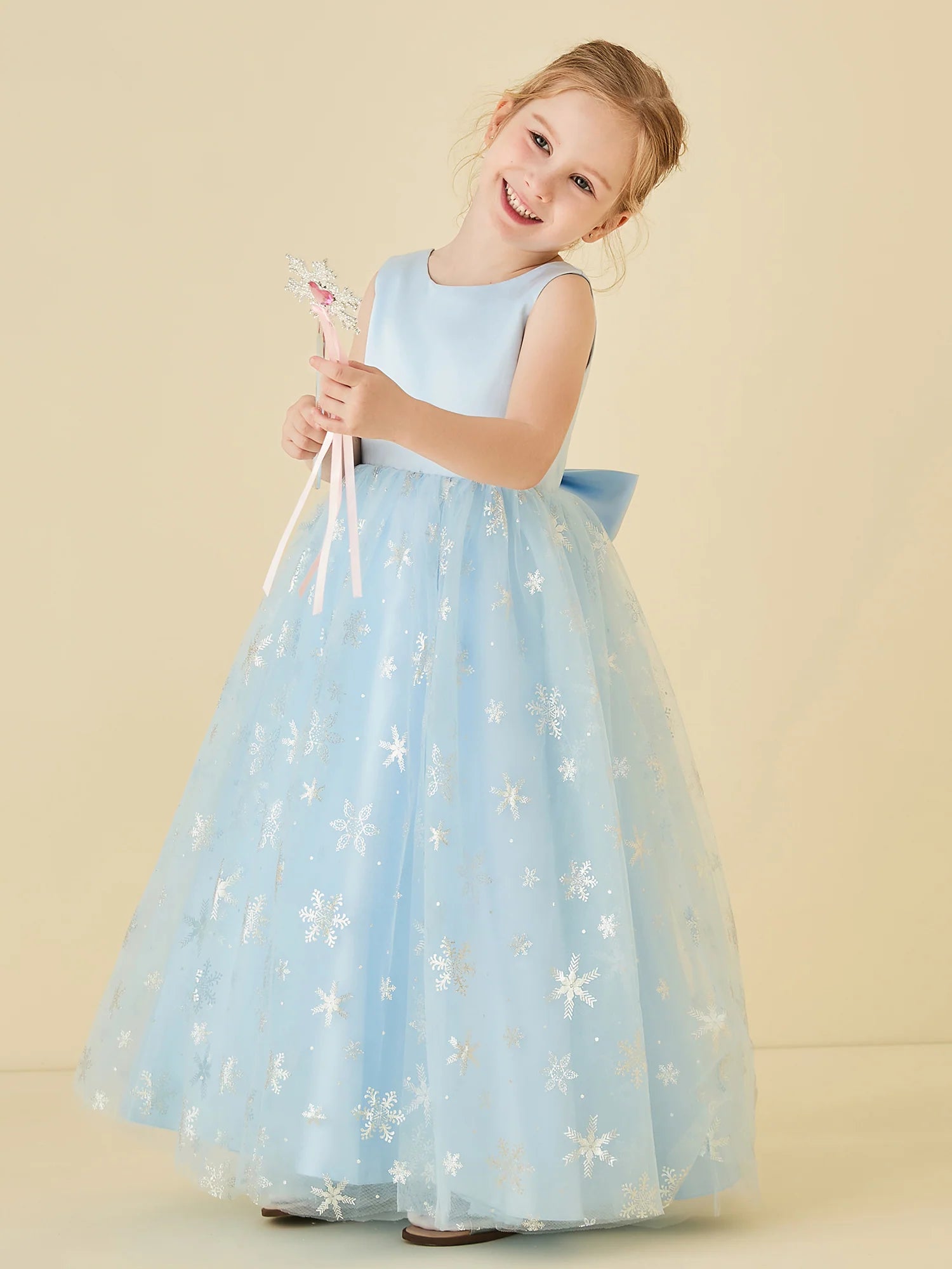 Sleeveless Round Neck V Back Large Satin Bow Silver Snowflake Print Light Blue Tulle Floor Length Flower Girl Dresses
