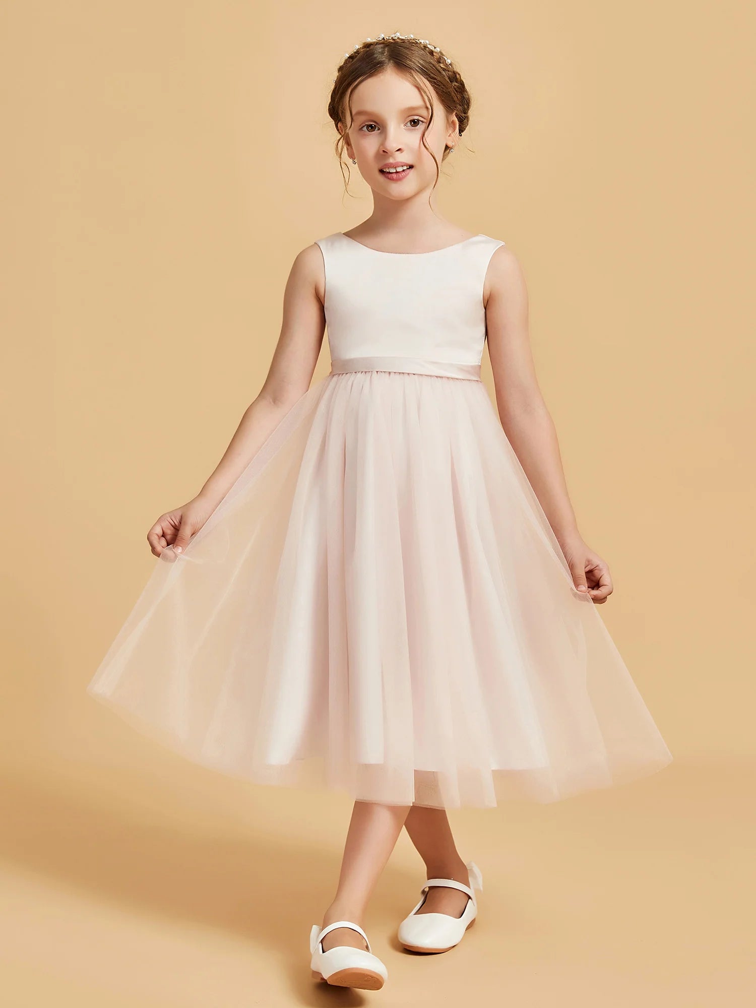 Sleeveless Round Neck V Back Solid Satin Waistband Blush Pink Tulle Midi Length Flower Girl Dresses