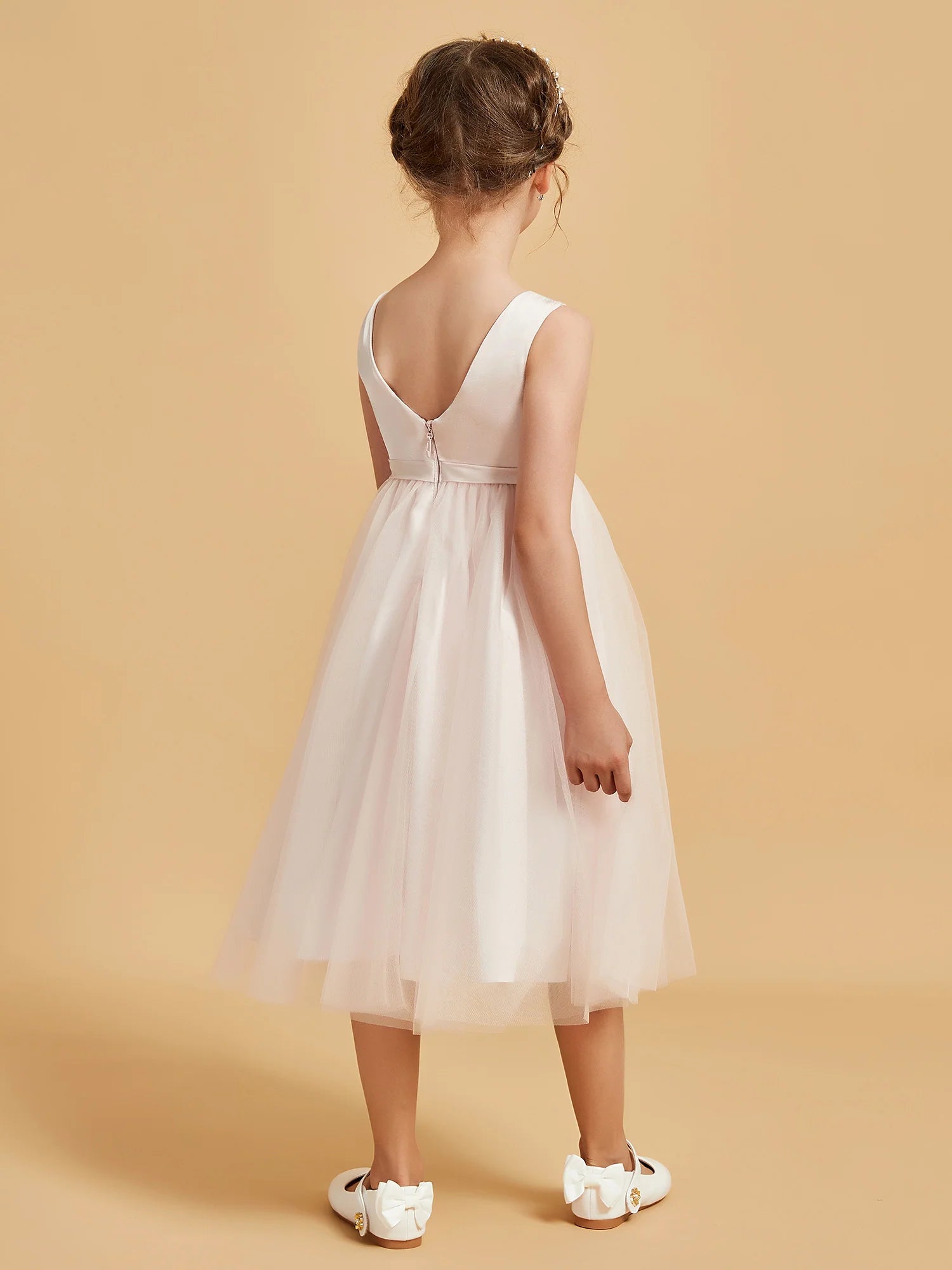 Sleeveless Round Neck V Back Solid Satin Waistband Blush Pink Tulle Midi Length Flower Girl Dresses