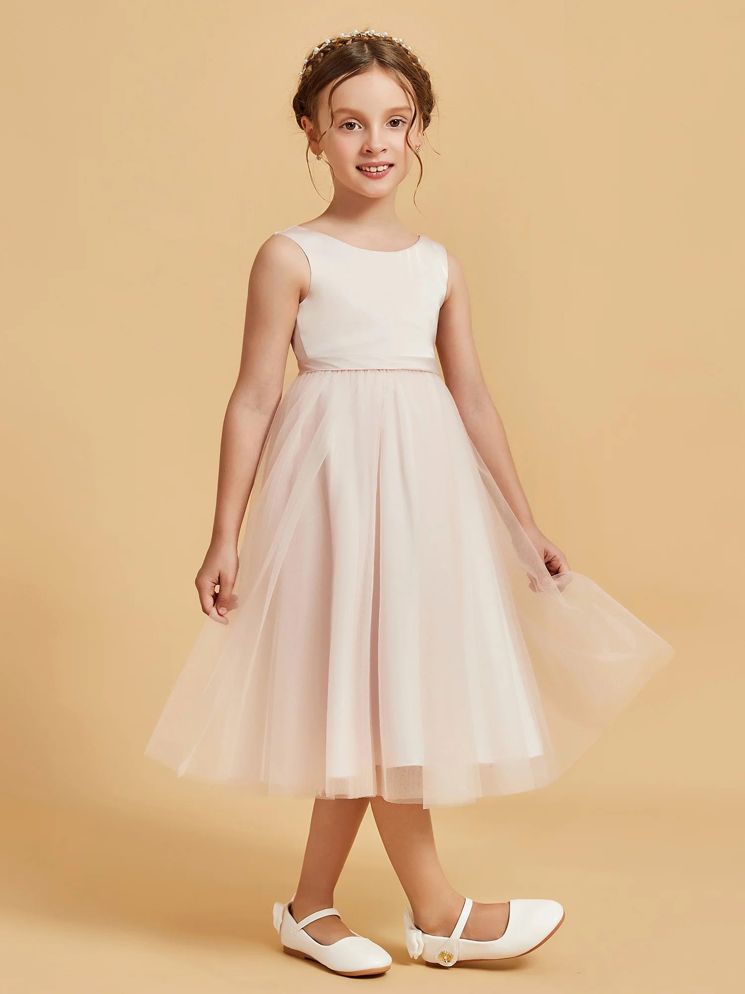 Sleeveless Round Neck V Back Solid Satin Waistband Blush Pink Tulle Midi Length Flower Girl Dresses