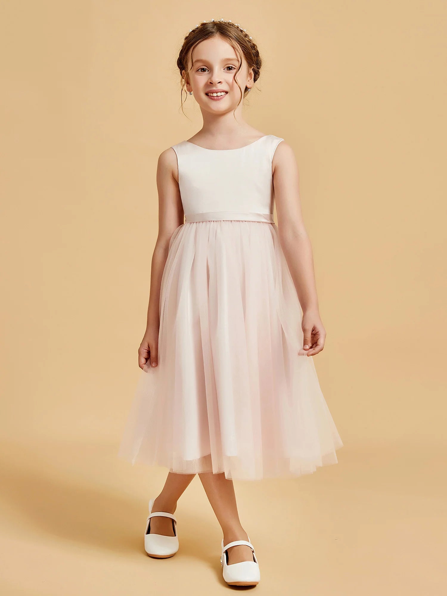 Sleeveless Round Neck V Back Solid Satin Waistband Blush Pink Tulle Midi Length Flower Girl Dresses