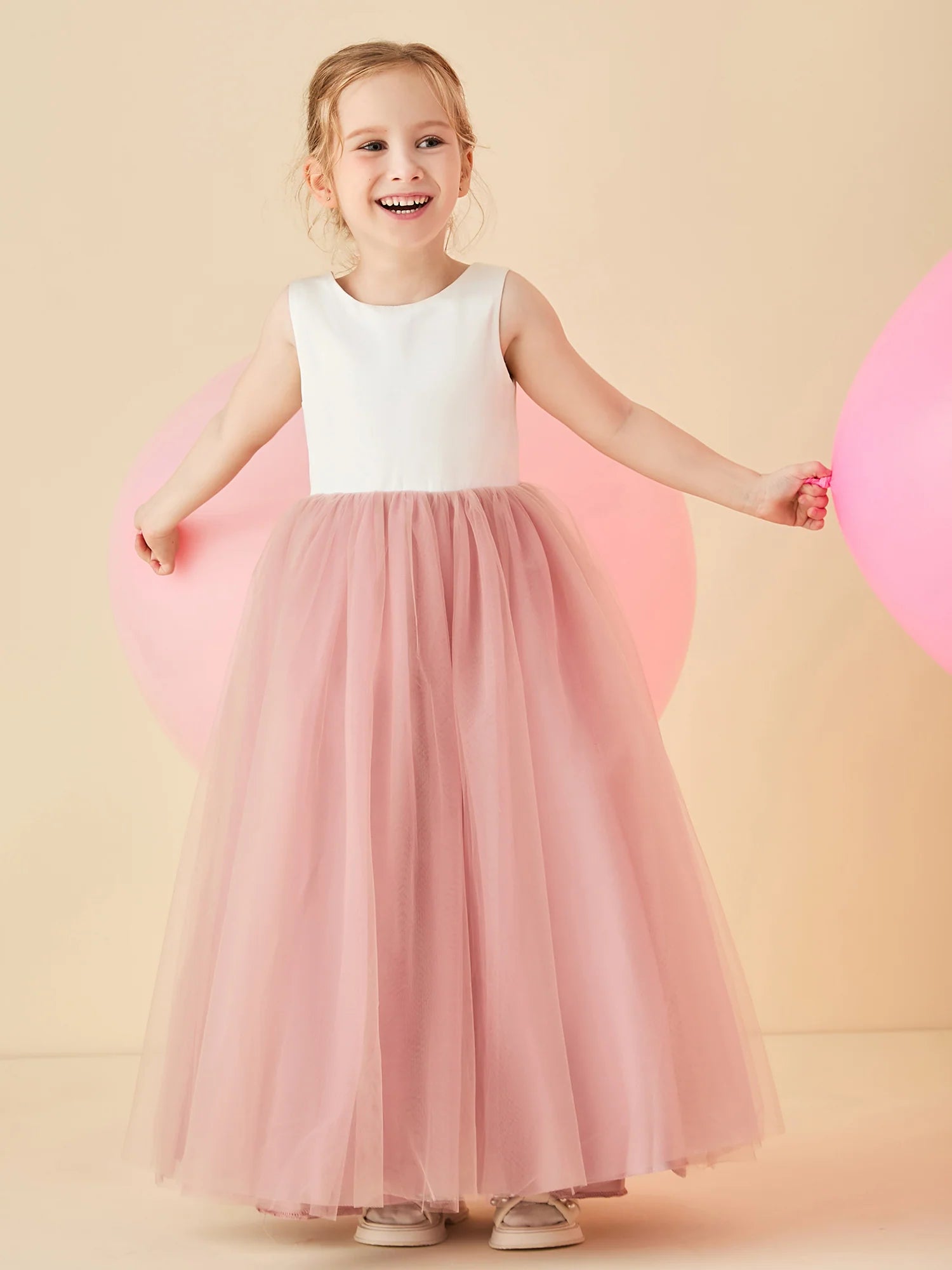 Sleeveless Round Neck V Back White Satin Blush Tulle Floor Length Flower Girl Dresses