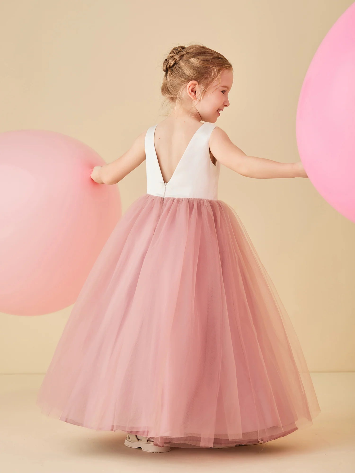 Sleeveless Round Neck V Back White Satin Blush Tulle Floor Length Flower Girl Dresses